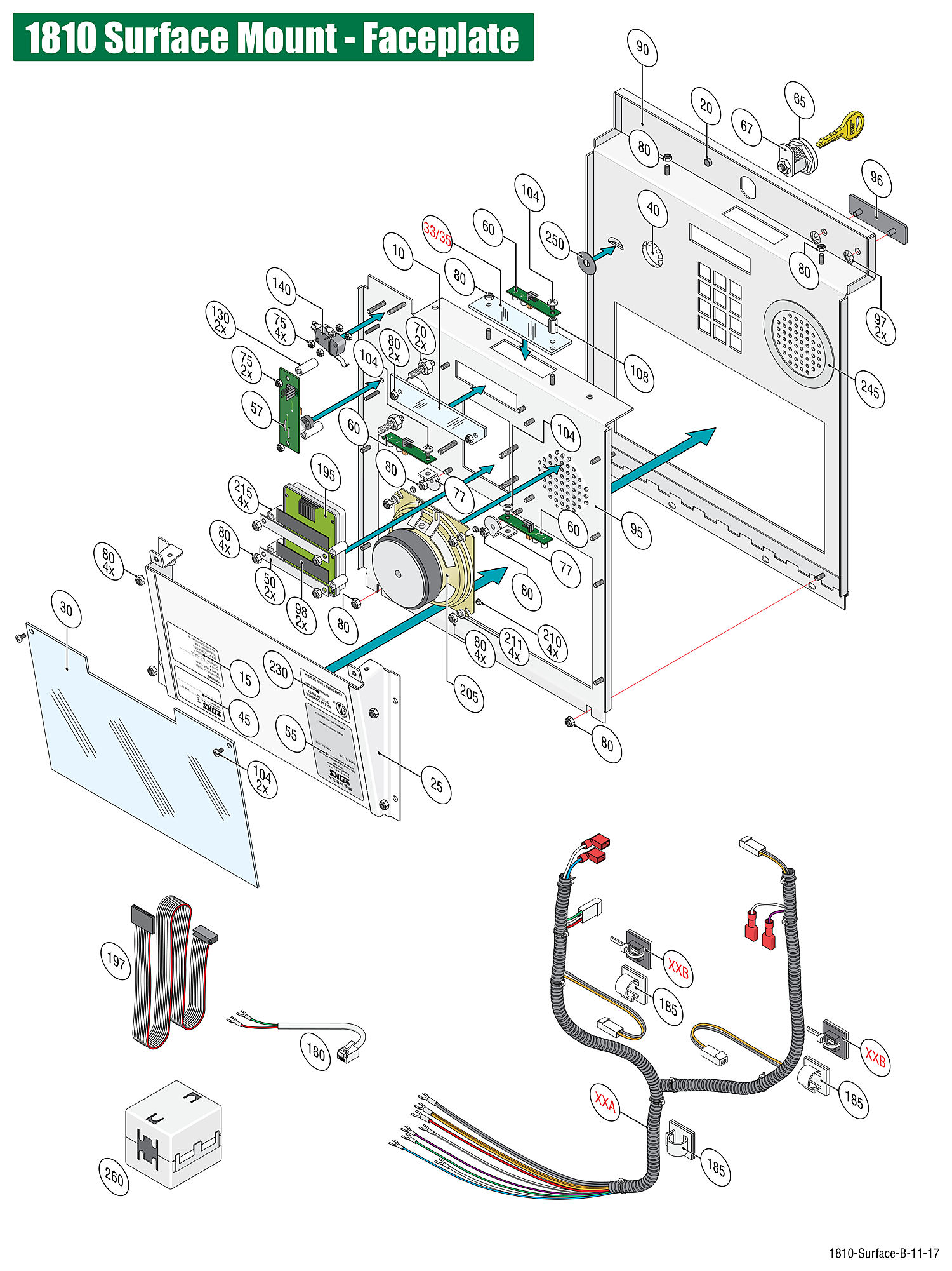 DoorKing 1810 surface mount phone entry system faceplate parts diagram &mdash; keypad, speaker, microphone, LED boards, directory cover and gaskets