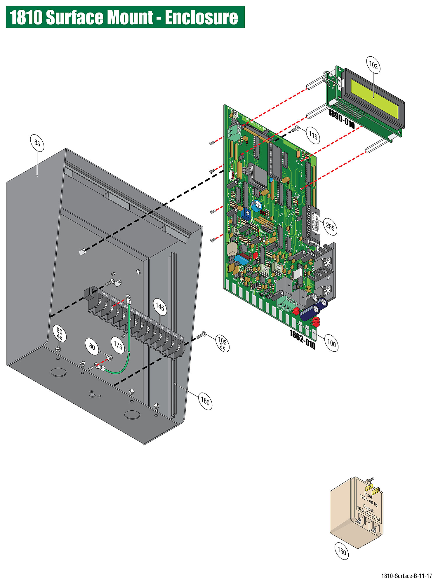 DoorKing 1810 surface mount phone entry system enclosure parts diagram &mdash; slant box, telephone board, LCD display, terminal and transformer