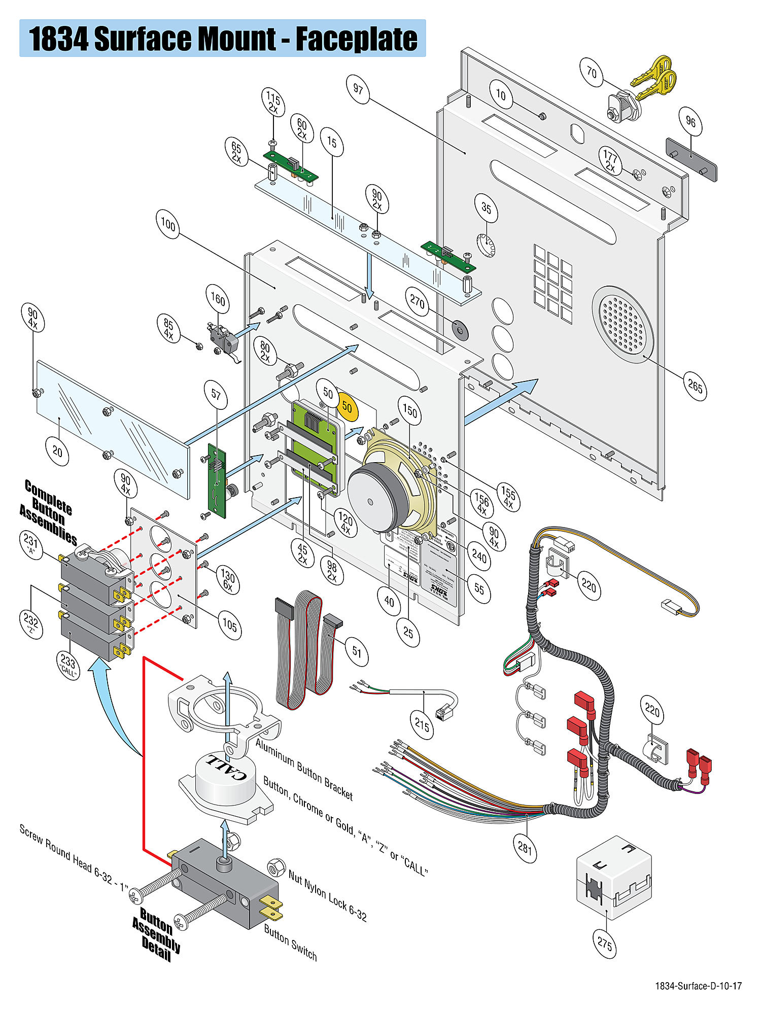 DoorKing 1834 surface mount telephone entry system faceplate and button assembly replacement parts diagram