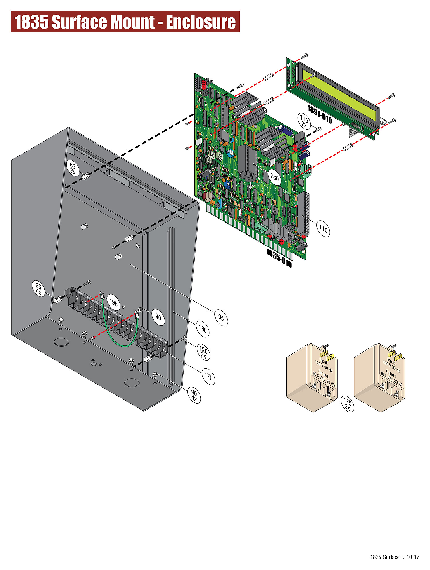 DoorKing 1835 surface mount telephone entry system enclosure and display board replacement parts diagram