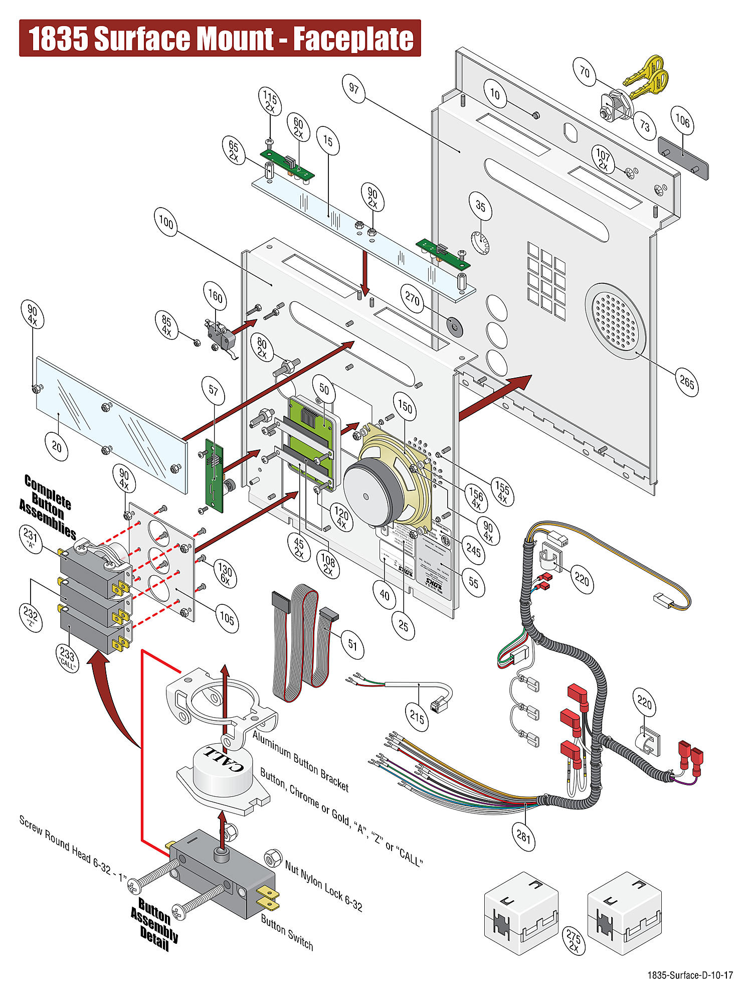DoorKing 1835 surface mount telephone entry system faceplate and button assembly replacement parts diagram