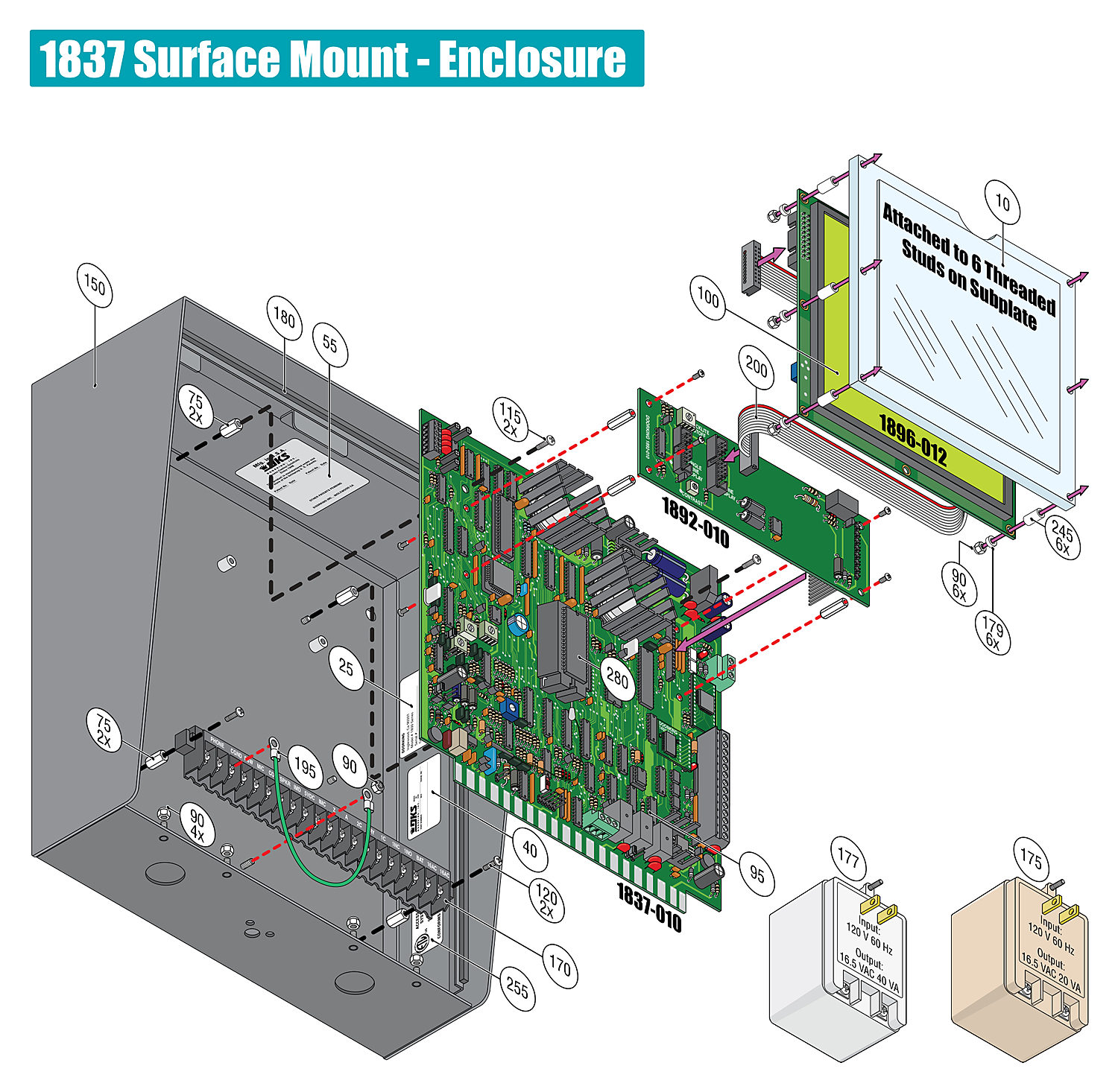 DoorKing 1837 surface mount telephone entry system enclosure and display board replacement parts diagram