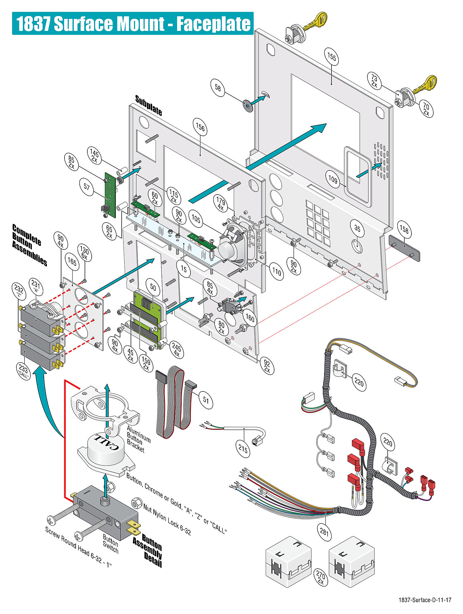 DoorKing 1837 surface mount telephone entry system faceplate and button assembly replacement parts diagram