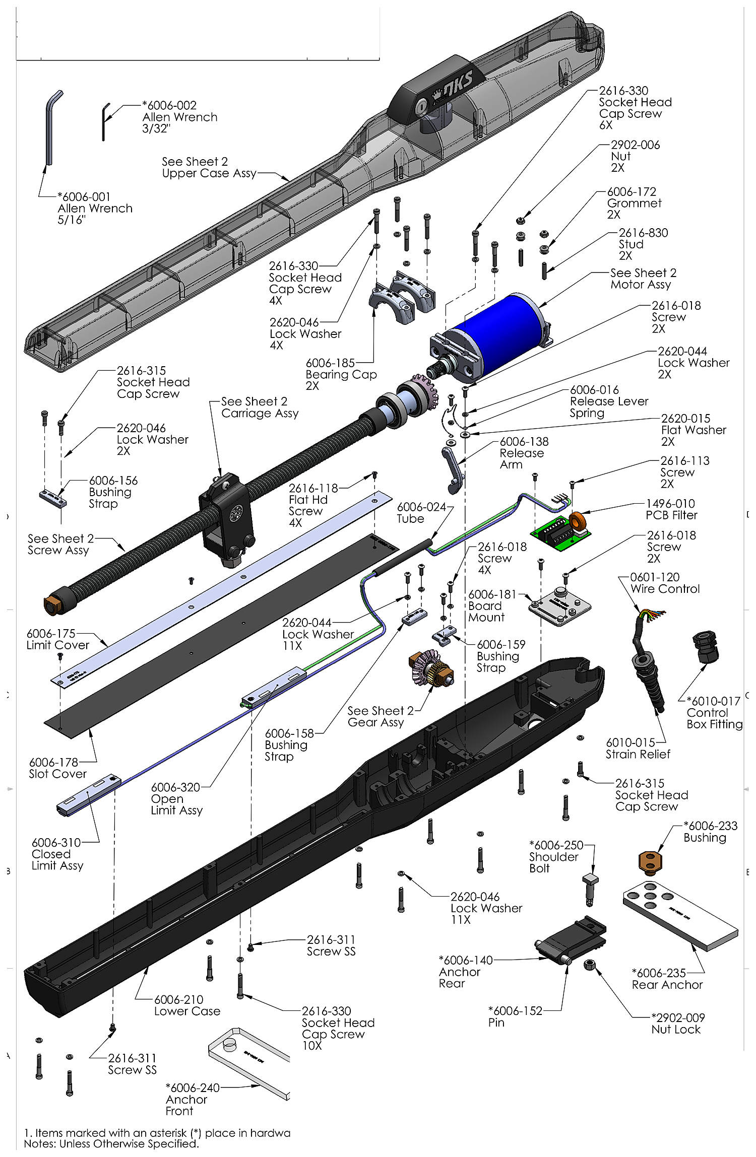 DoorKing 6006 swing gate actuator parts diagram &mdash; upper and lower case, limit assemblies, wiring, release arm and mounting anchors
