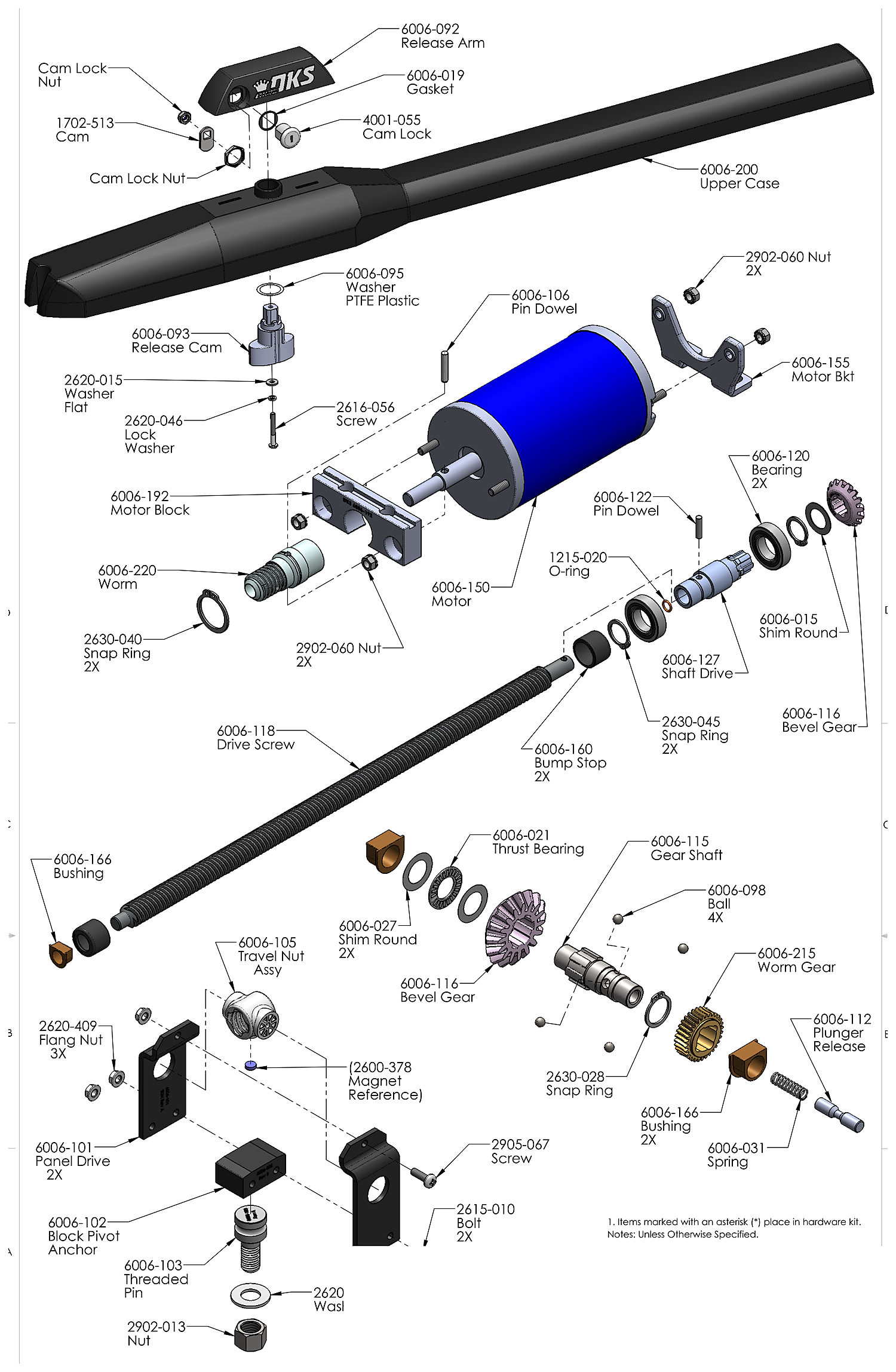 DoorKing 6006 swing gate actuator internal parts diagram &mdash; 24VDC motor, worm and bevel gears, drive screw, travel nut and manual release