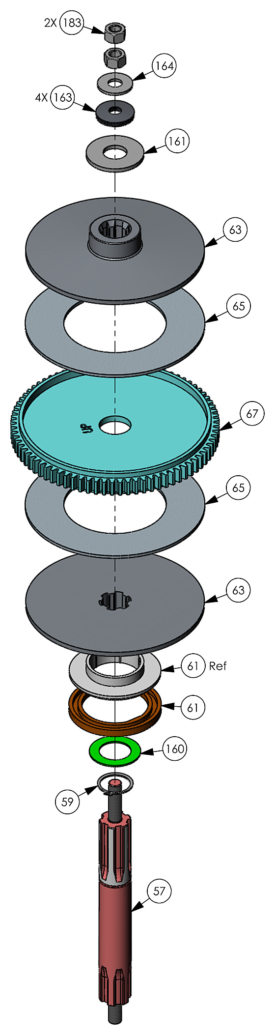 DoorKing 6050 swing gate operator clutch stack, main shaft and worm gear exploded parts diagram