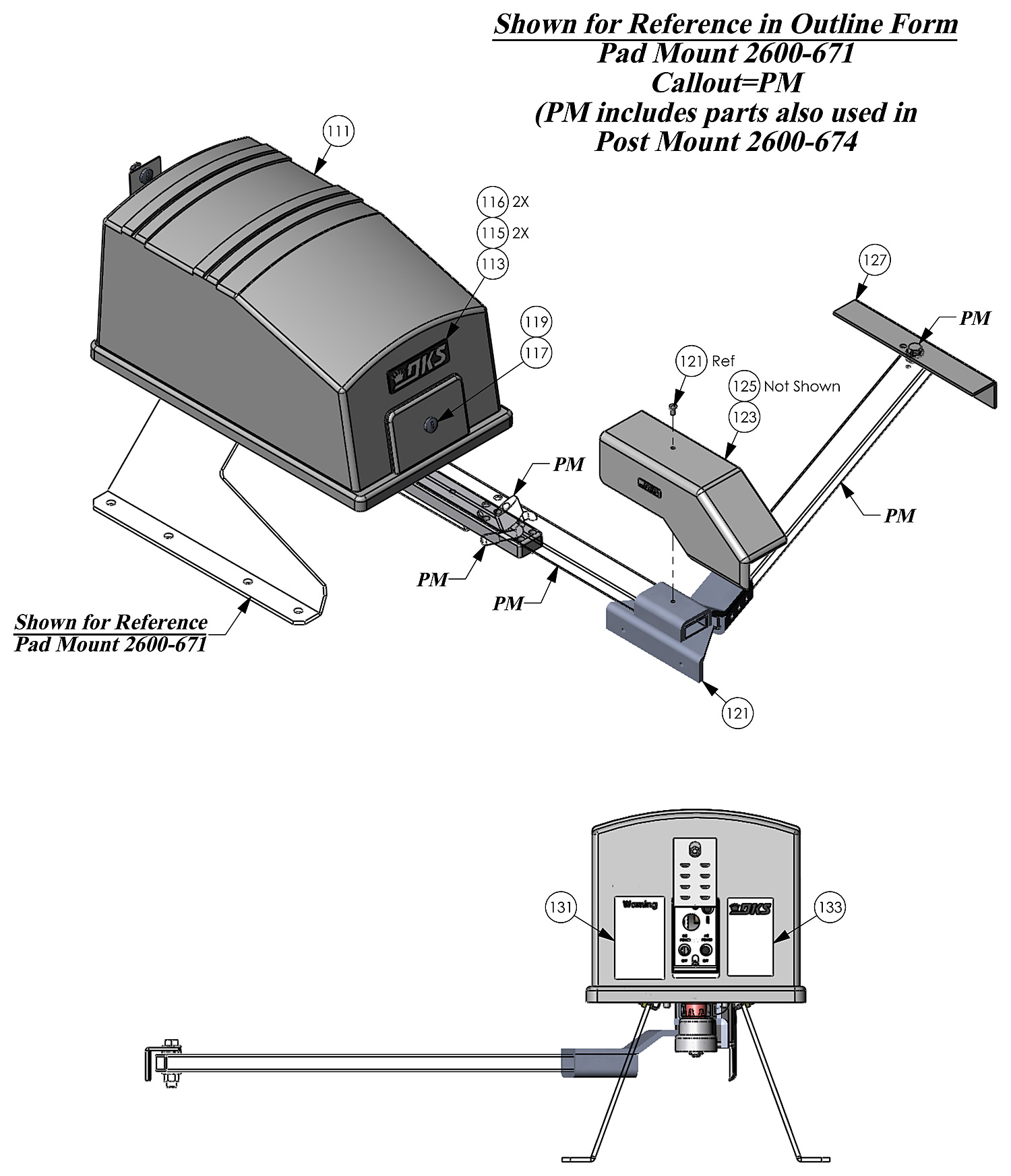 DoorKing 6050 swing gate operator cover, crank arm and gate bracket parts diagram