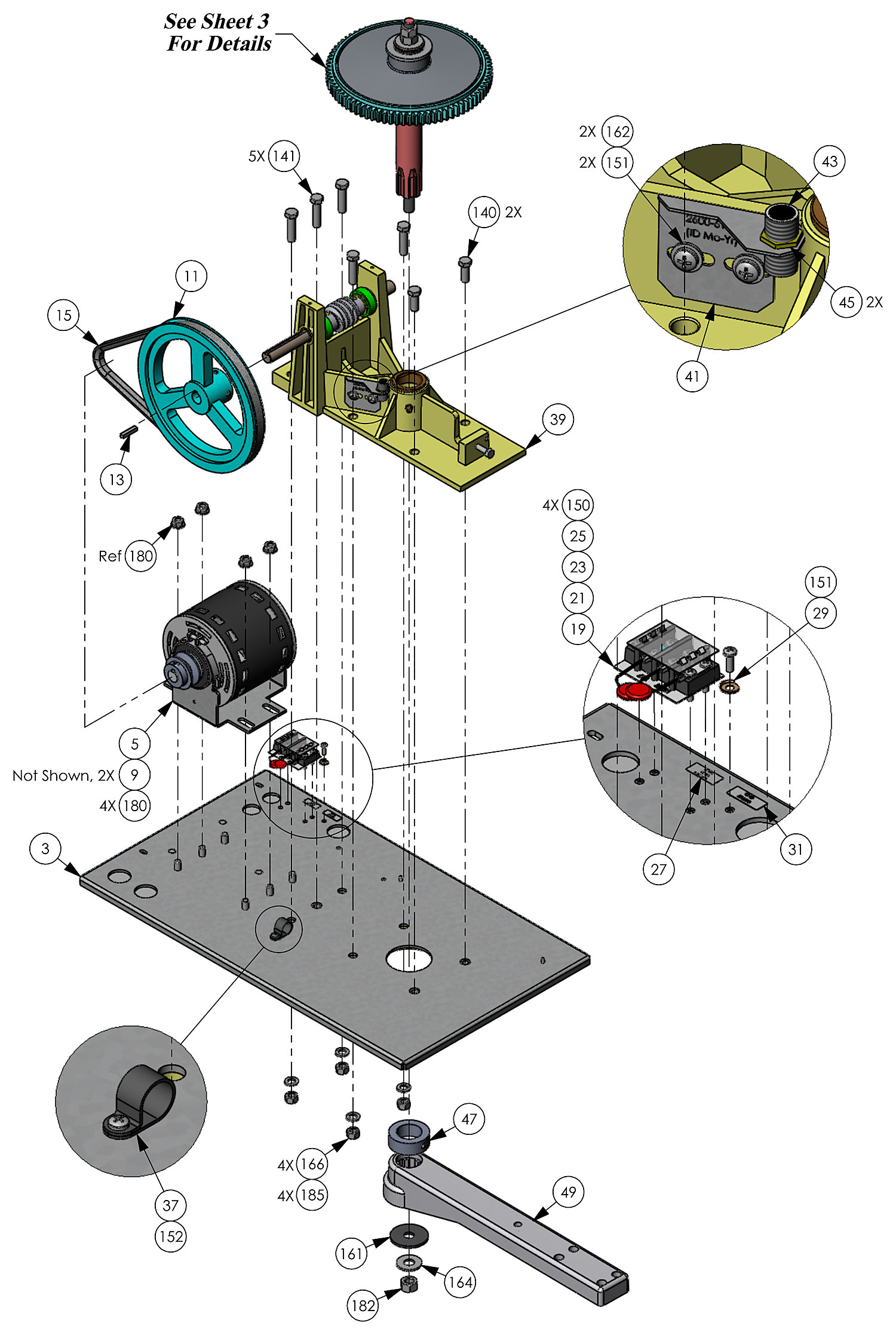DoorKing 6050 swing gate operator baseplate, motor, pulley, belt and housing parts diagram