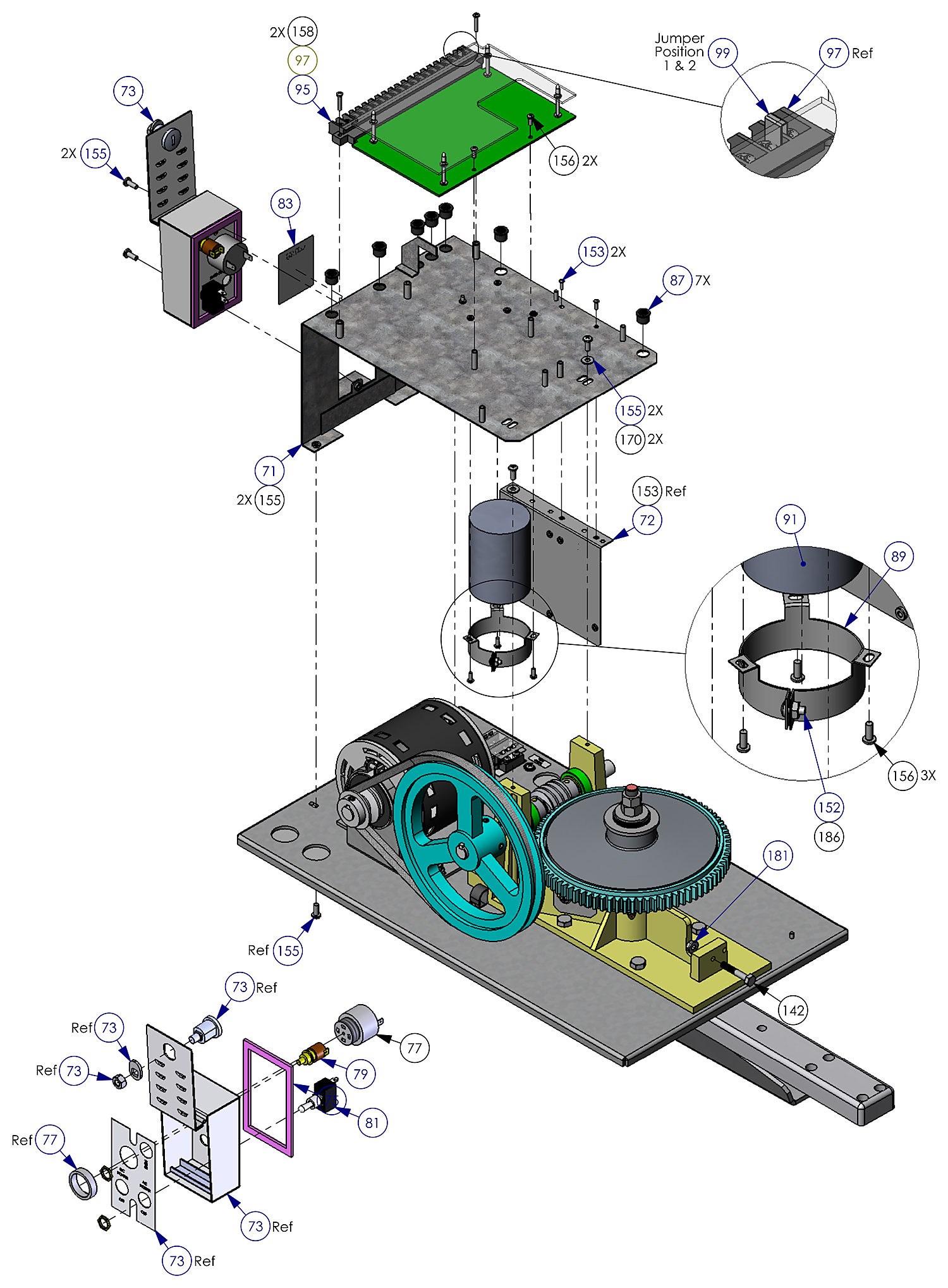 DoorKing 6100 swing gate operator control board, capacitor, switches and electrical parts diagram