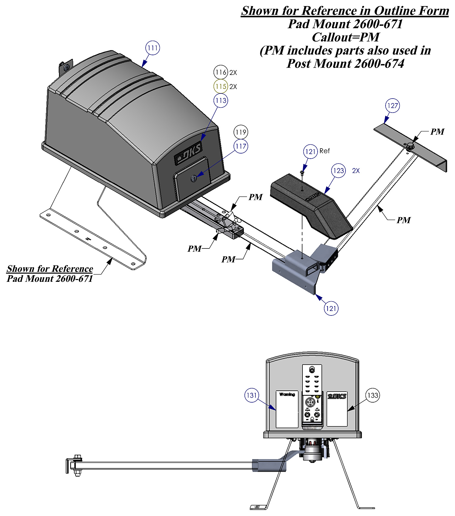 DoorKing 6100 swing gate operator cover, crank arm and mounting parts diagram
