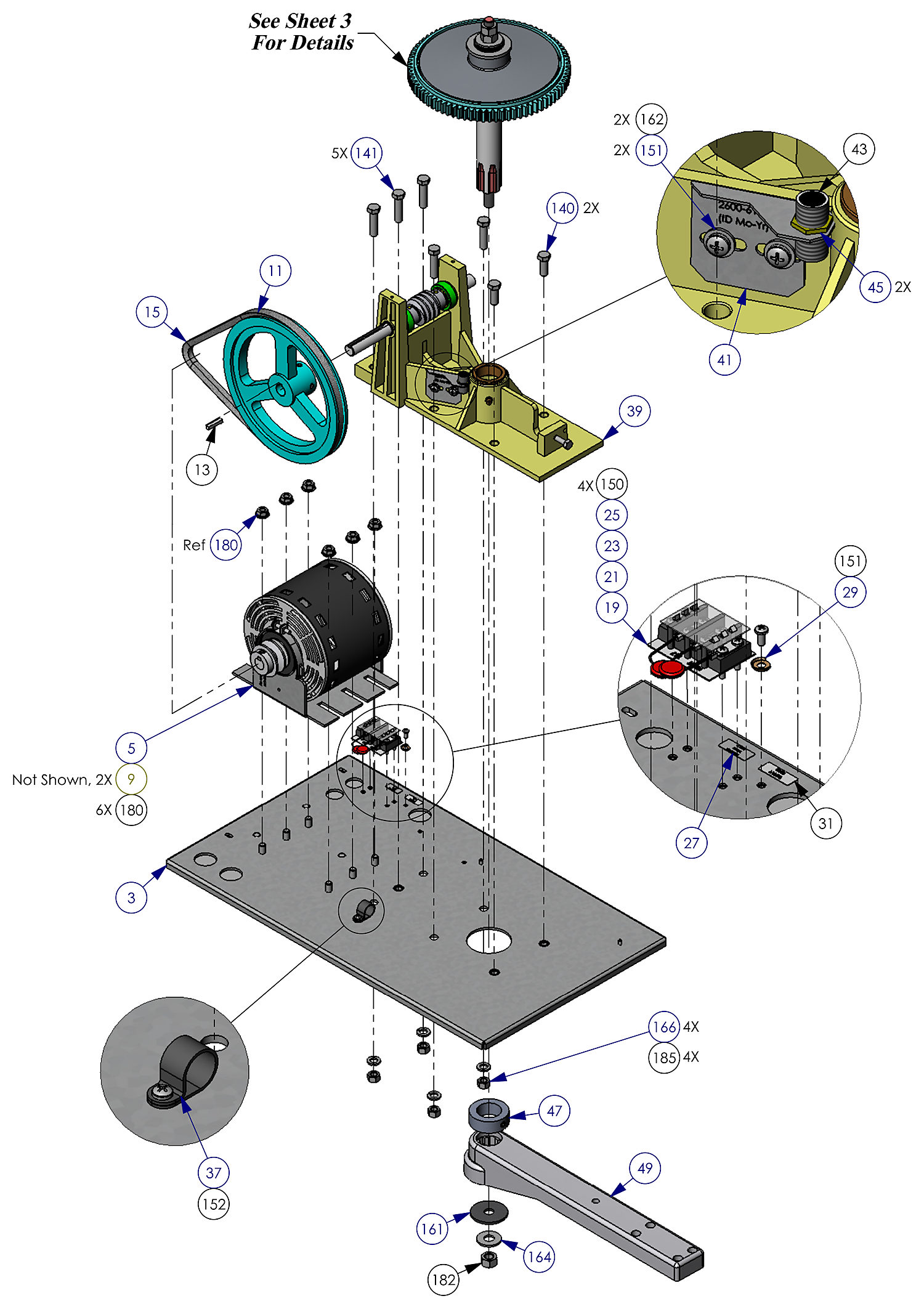 DoorKing 6100 swing gate operator baseplate, motor, pulley, belt and housing assembly parts diagram
