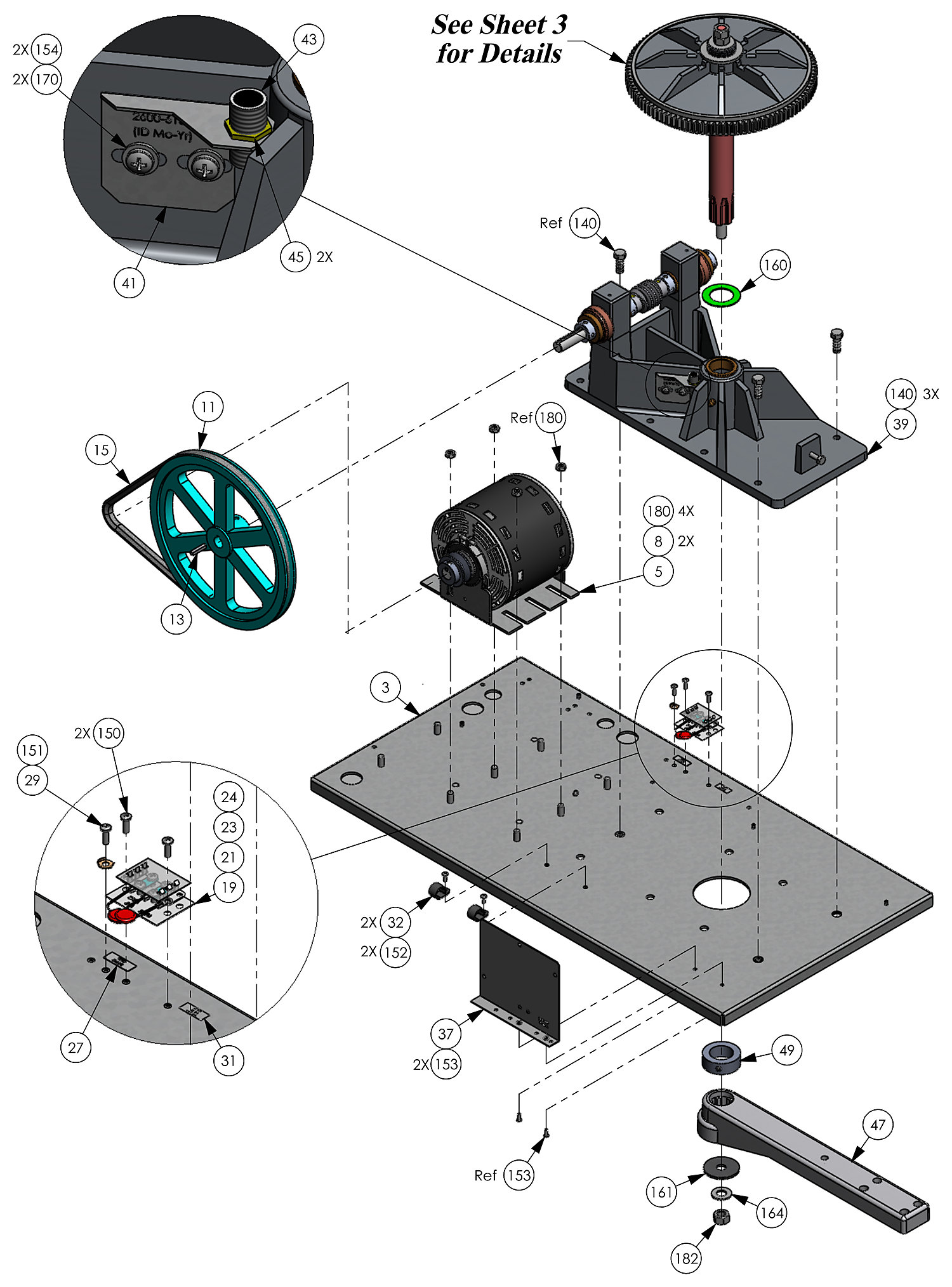 DoorKing 6300 swing gate operator base panel, motor, pulley, belt and housing parts diagram