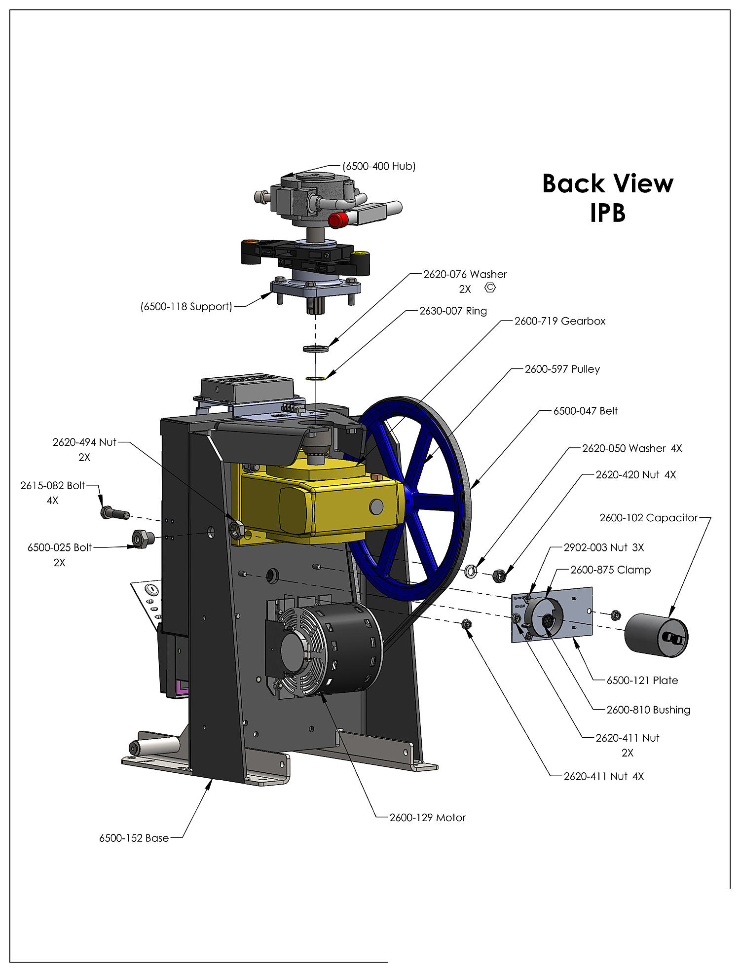 DoorKing 6500 swing gate operator back view parts diagram &mdash; motor, gearbox, 13 inch pulley, belt and capacitor