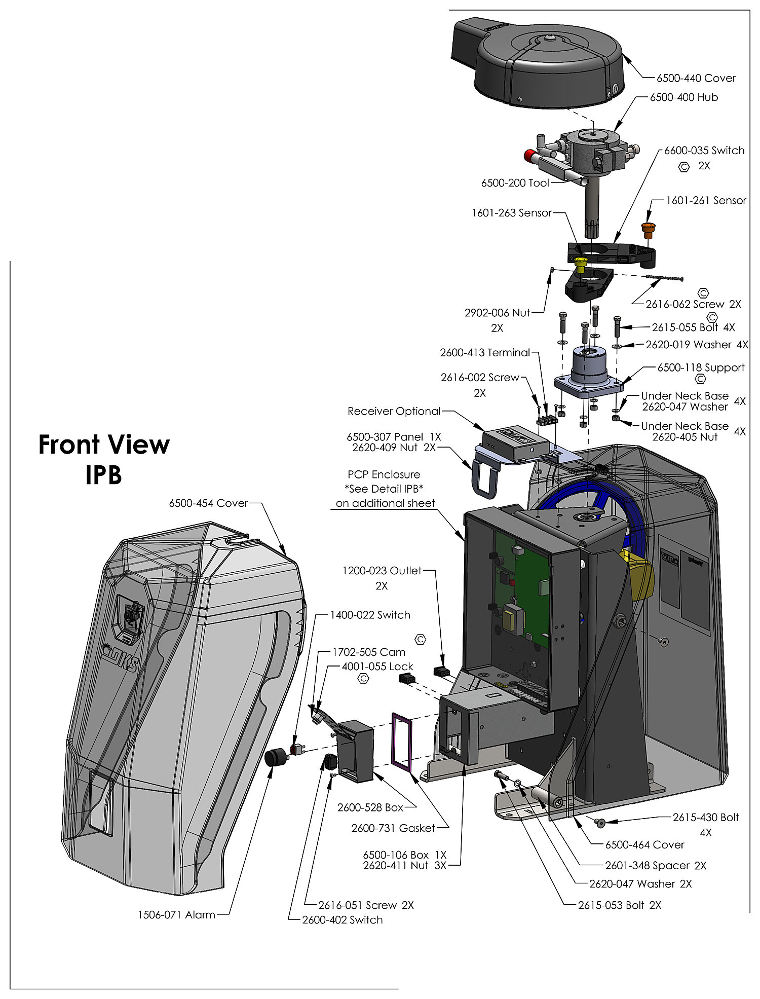 DoorKing 6500 swing gate operator front view parts diagram &mdash; covers, hub, switch box, sensors and alarm