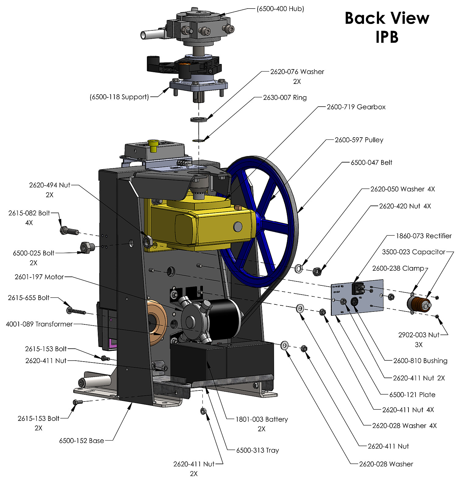 DoorKing 6524 DC swing gate operator back view parts diagram &mdash; DC motor, transformer, rectifier, capacitor, batteries and belt drive