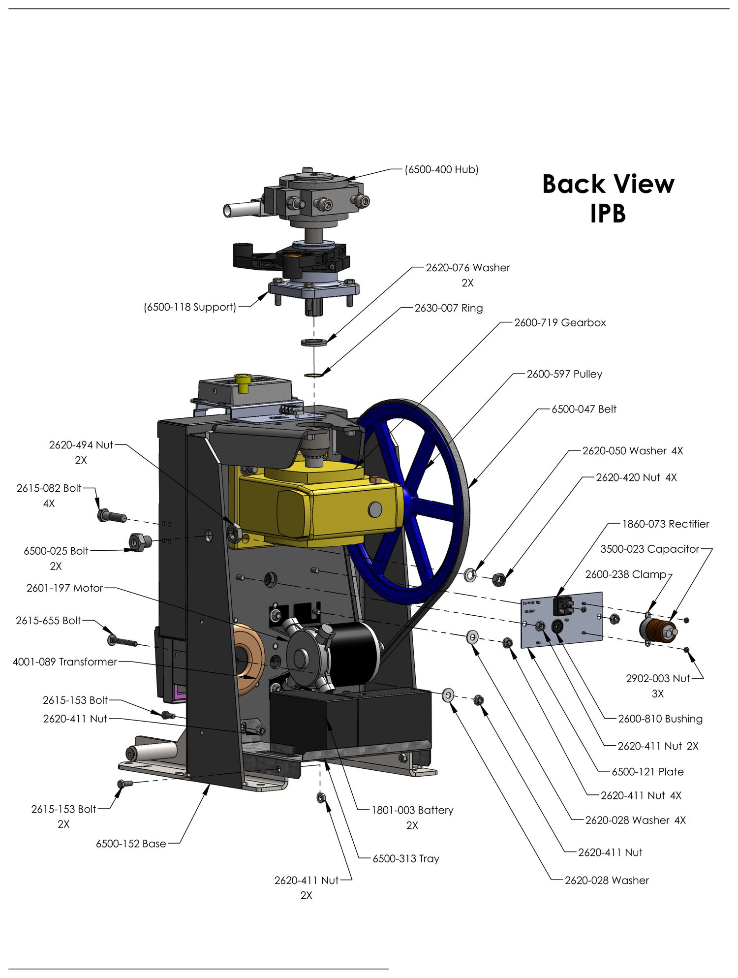 DoorKing 6524 DC swing gate operator back view parts diagram &mdash; DC motor, transformer, rectifier, capacitor, batteries and belt drive