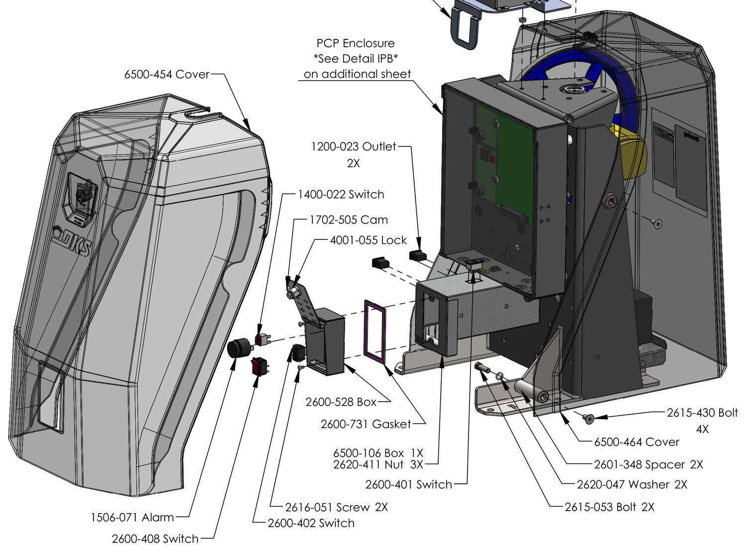 DoorKing 6524 front and back covers, switch box, lock, alarm and mounting hardware parts diagram