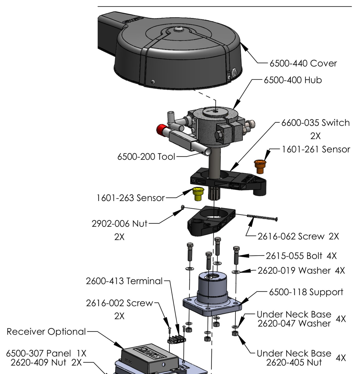 DoorKing 6524 turret cover, hub assembly, limit sensors and shaft support parts diagram