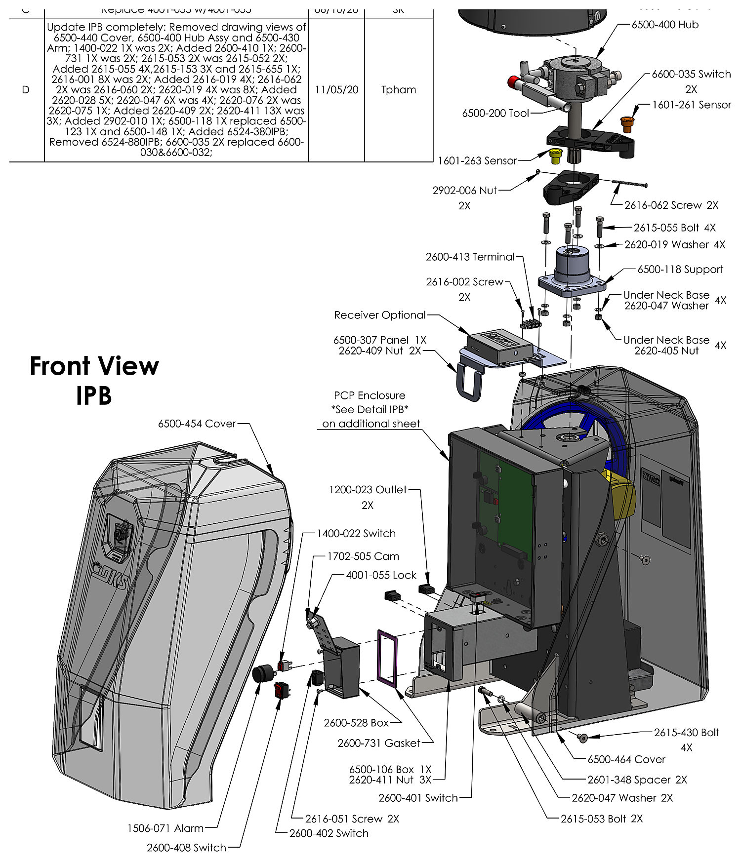 DoorKing 6524 DC swing gate operator front view parts diagram &mdash; covers, hub, switch box, sensors and alarm