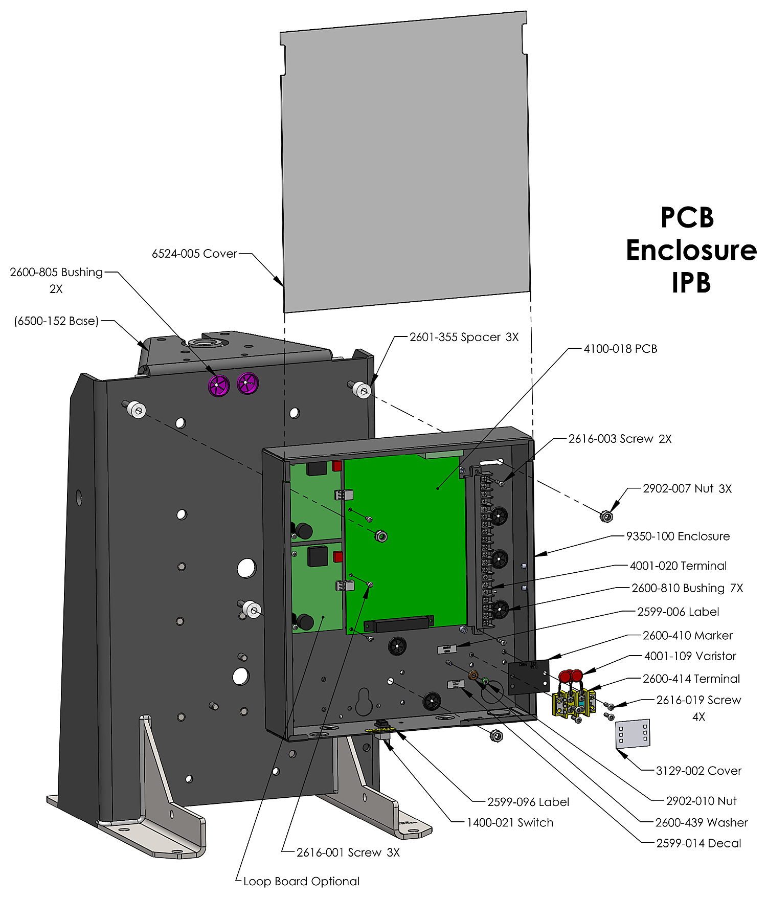 DoorKing 6524 DC swing gate operator PCB enclosure parts diagram &mdash; 4100-018 control board, terminals, varistor and bushings