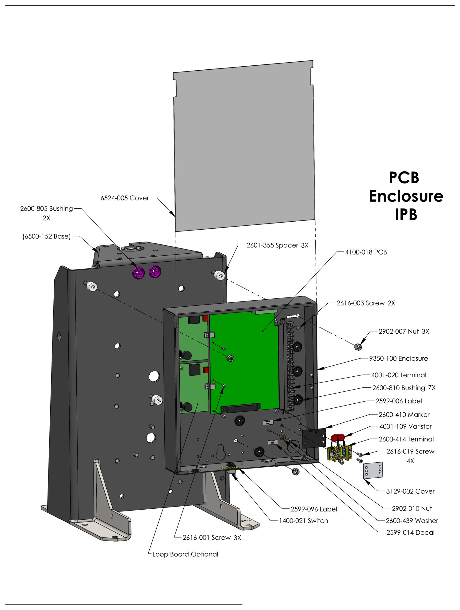 DoorKing 6524 DC swing gate operator PCB enclosure parts diagram &mdash; 4100-018 control board, terminals, varistor and bushings