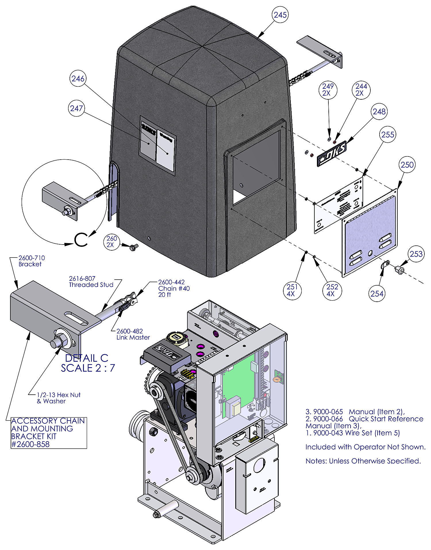 DoorKing 9000 slide gate operator cover, access door and chain kit parts diagram