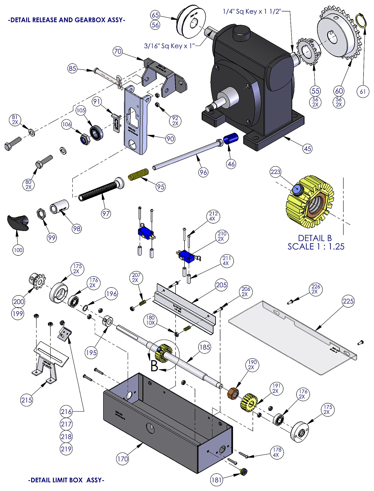 DoorKing 9000 slide gate operator gearbox, manual release and limit switch box parts diagram