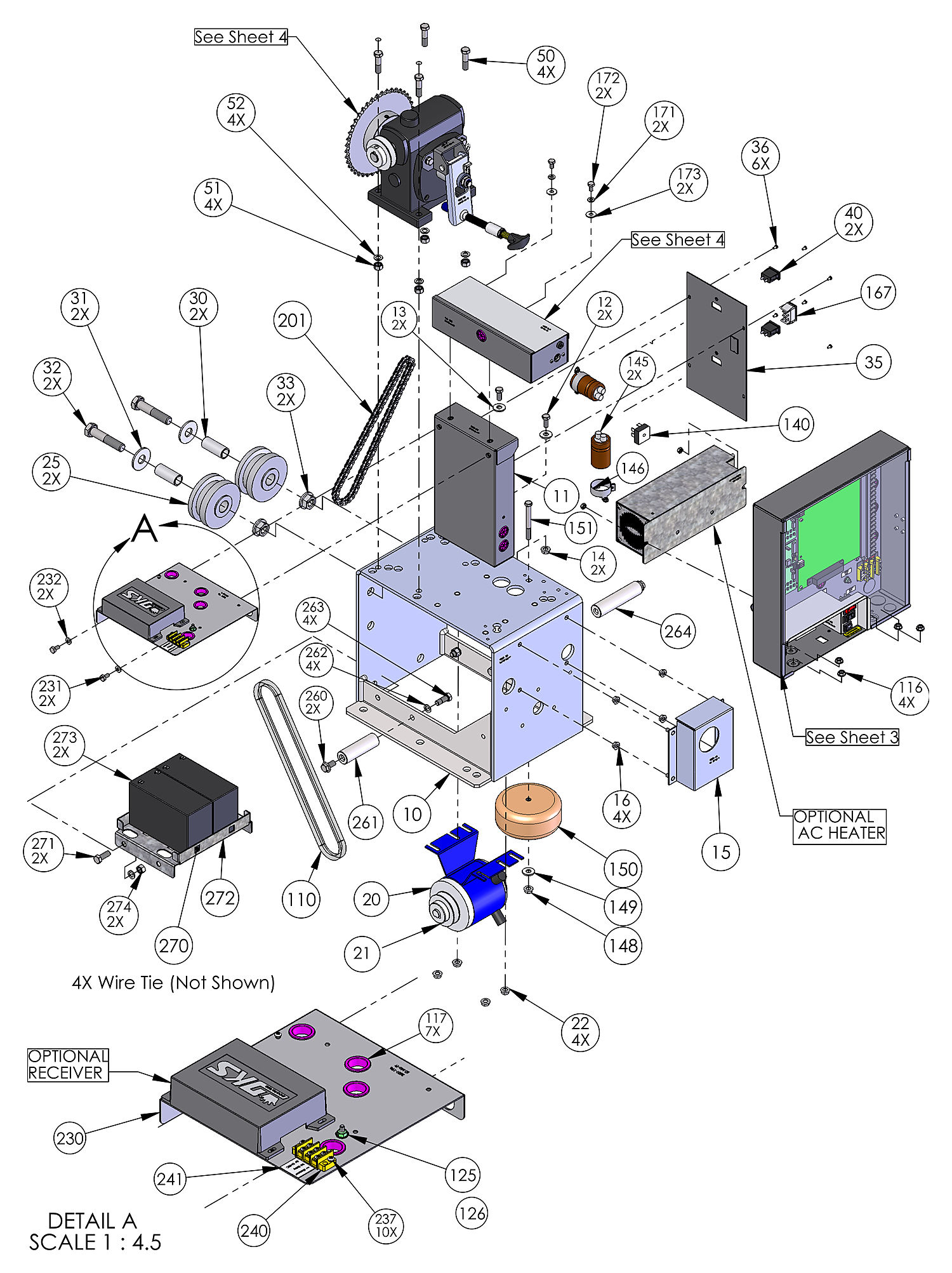 DoorKing 9024 DC slide gate operator chassis, motor, drive and battery parts diagram