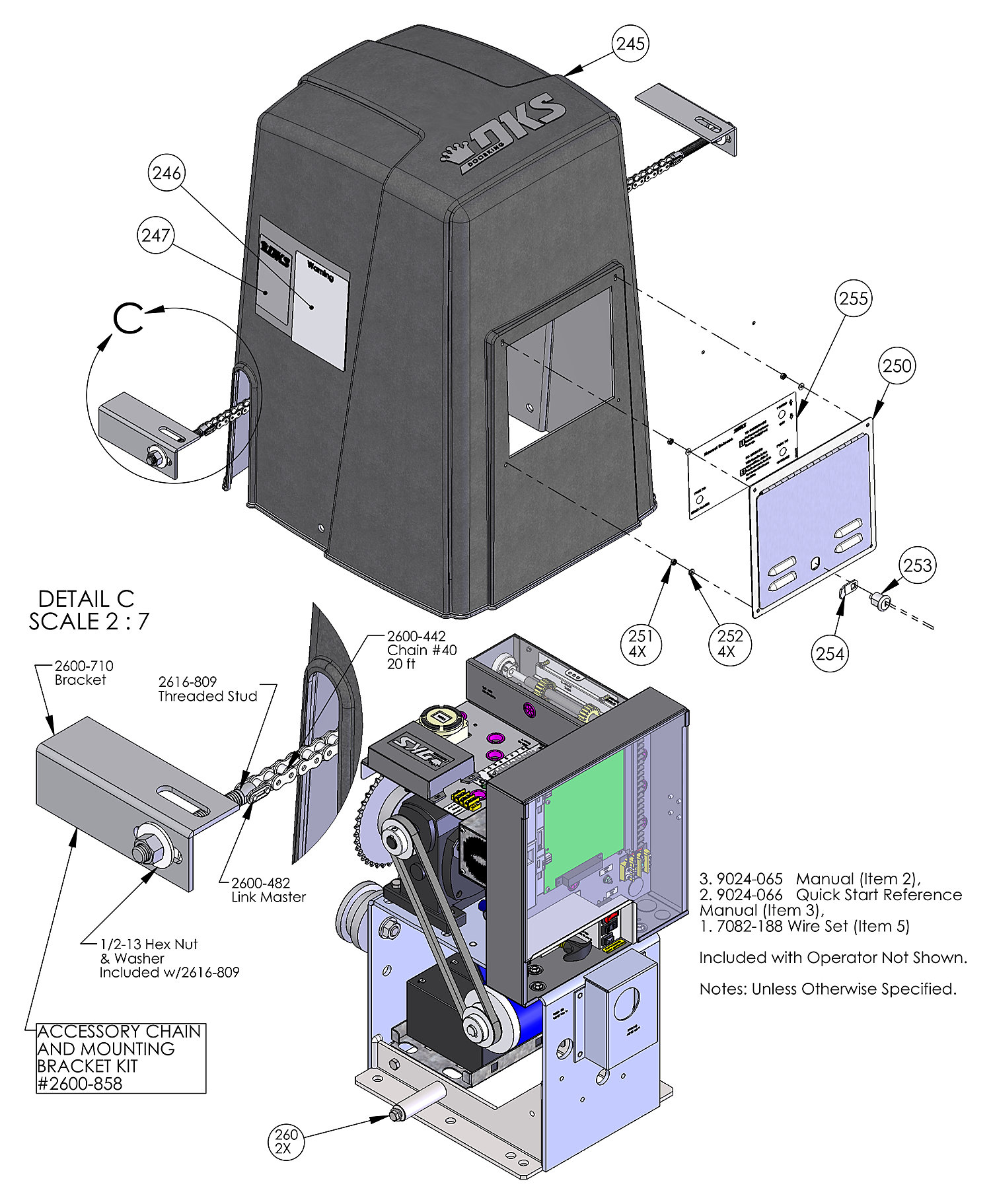 DoorKing 9024 DC slide gate operator cover, access door and accessory chain kit parts diagram