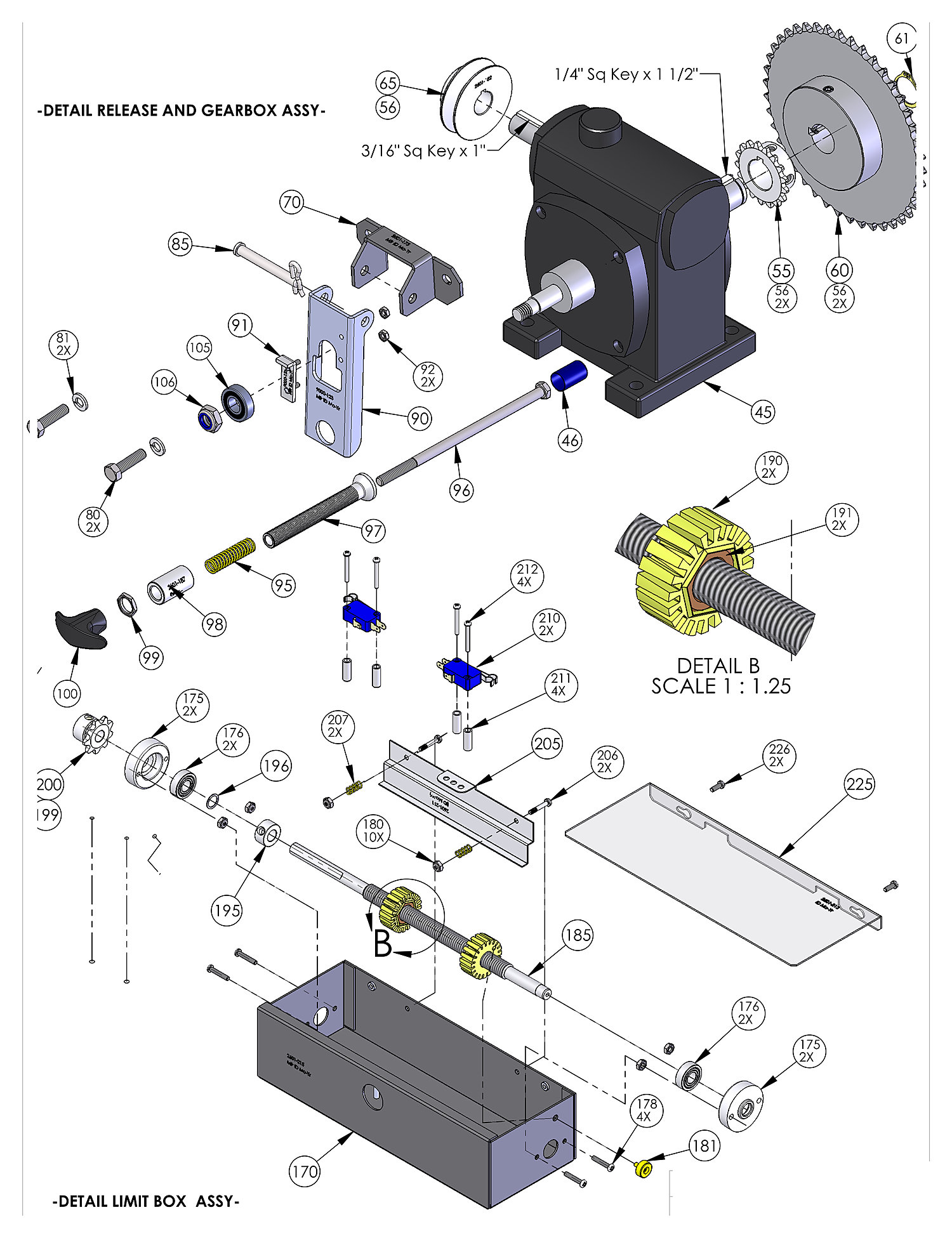 DoorKing 9024 DC slide gate operator gearbox, manual release and limit switch box parts diagram