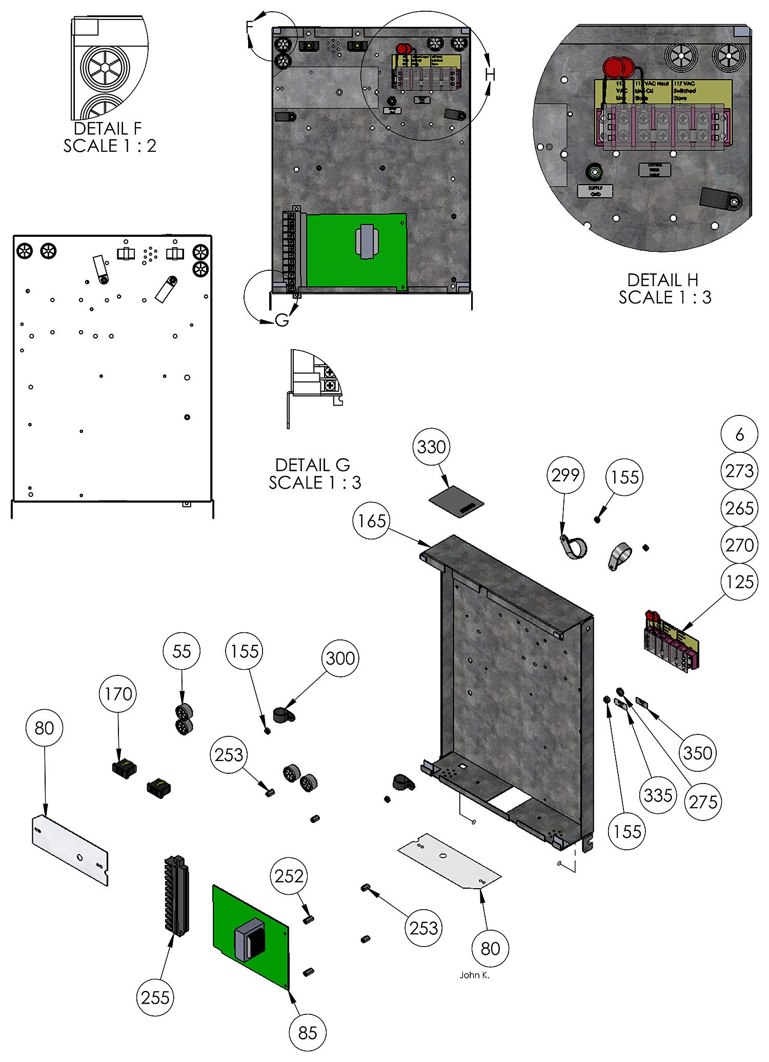 DoorKing 9050 slide gate operator control panel parts diagram &mdash; control board, terminal blocks, standoffs and bushings