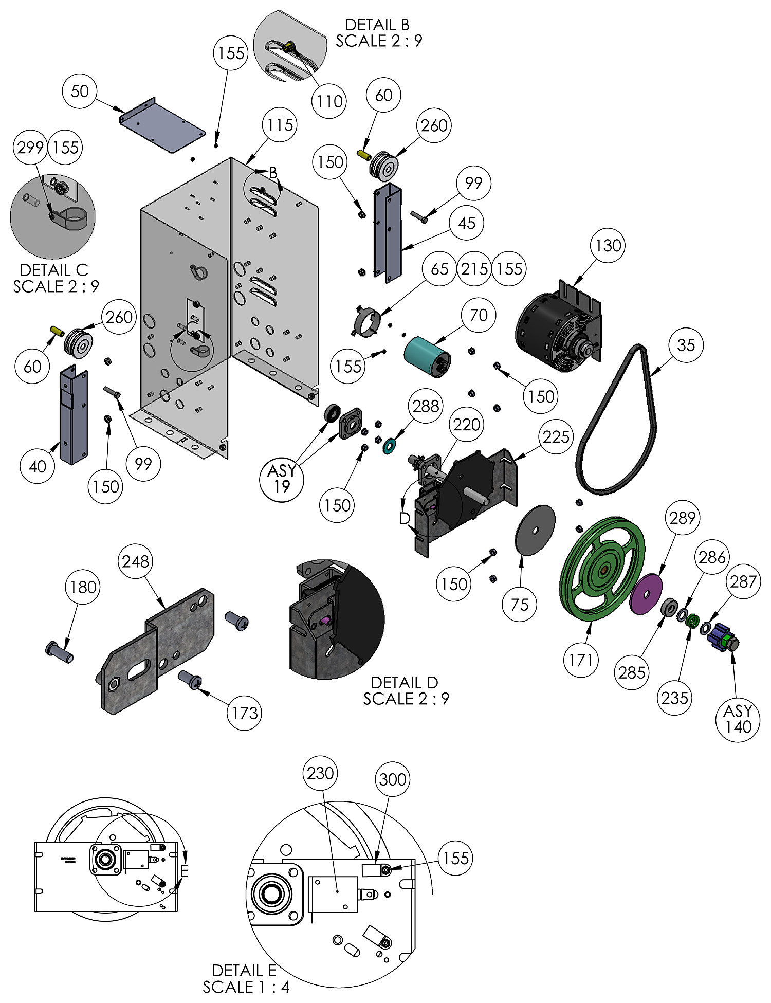 DoorKing 9050 slide gate operator drive parts diagram &mdash; motor, cogged belt, 10 inch pulley, clutch and main shaft