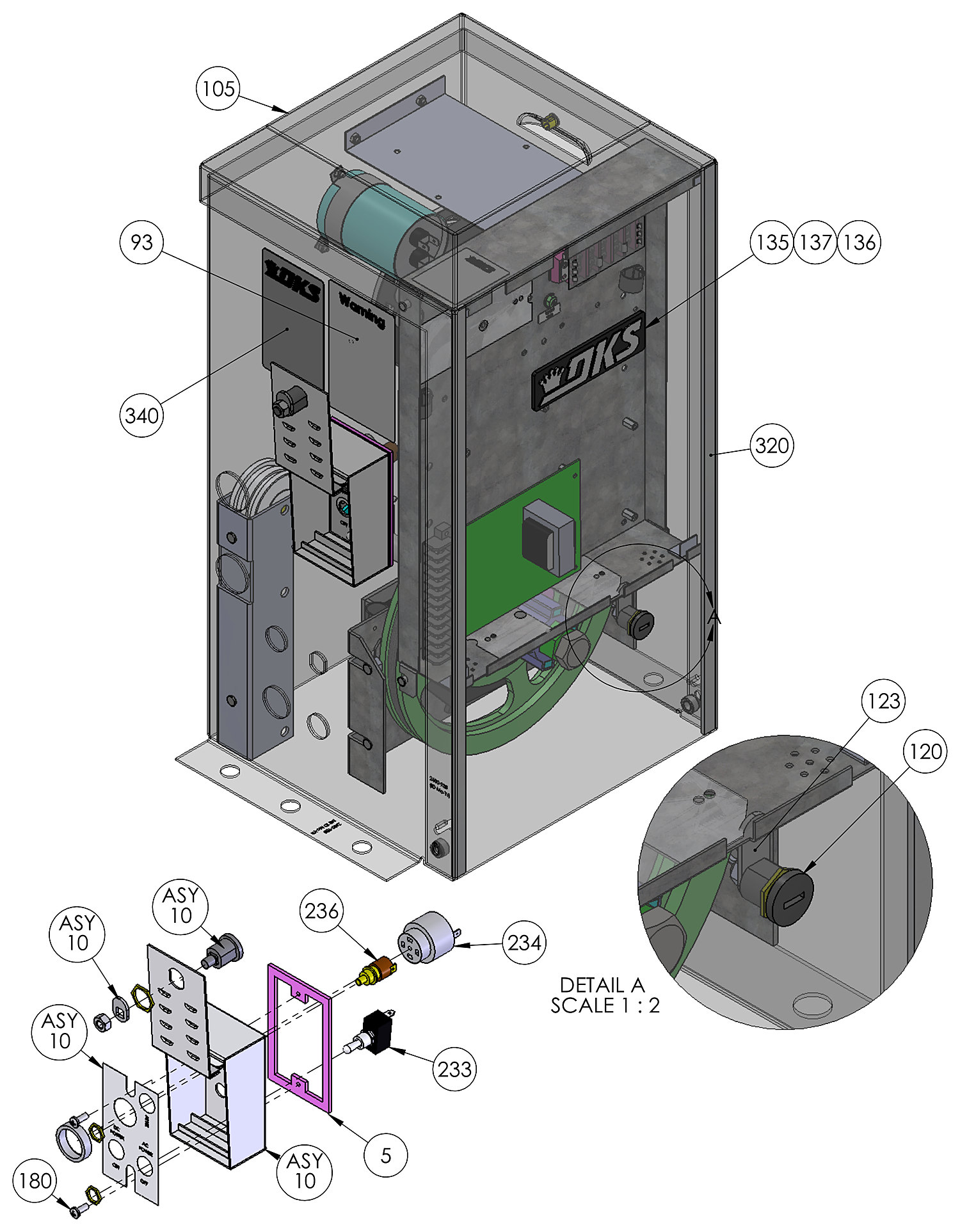 DoorKing 9050 slide gate operator exterior parts diagram &mdash; door, switch box, lock, tone generator and labels