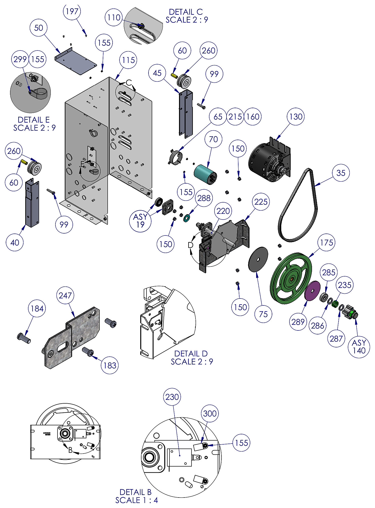 DoorKing 9100 slide gate operator drive parts diagram &mdash; motor, cogged belt, 10 inch pulley, clutch and main shaft
