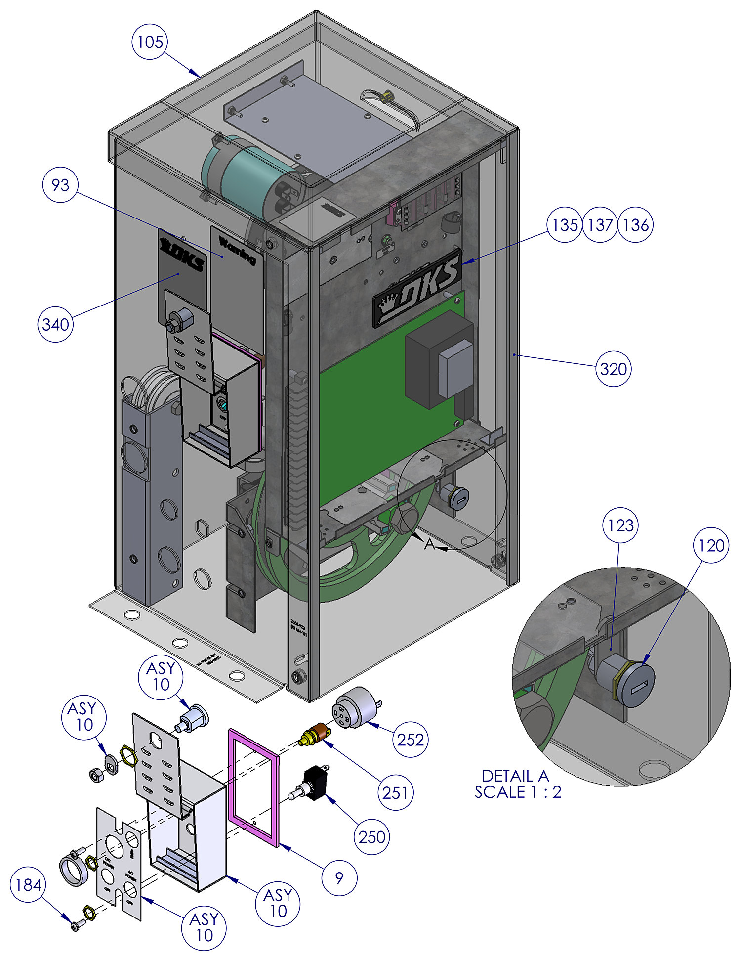 DoorKing 9100 slide gate operator exterior parts diagram &mdash; door, switch box, lock, tone generator and labels