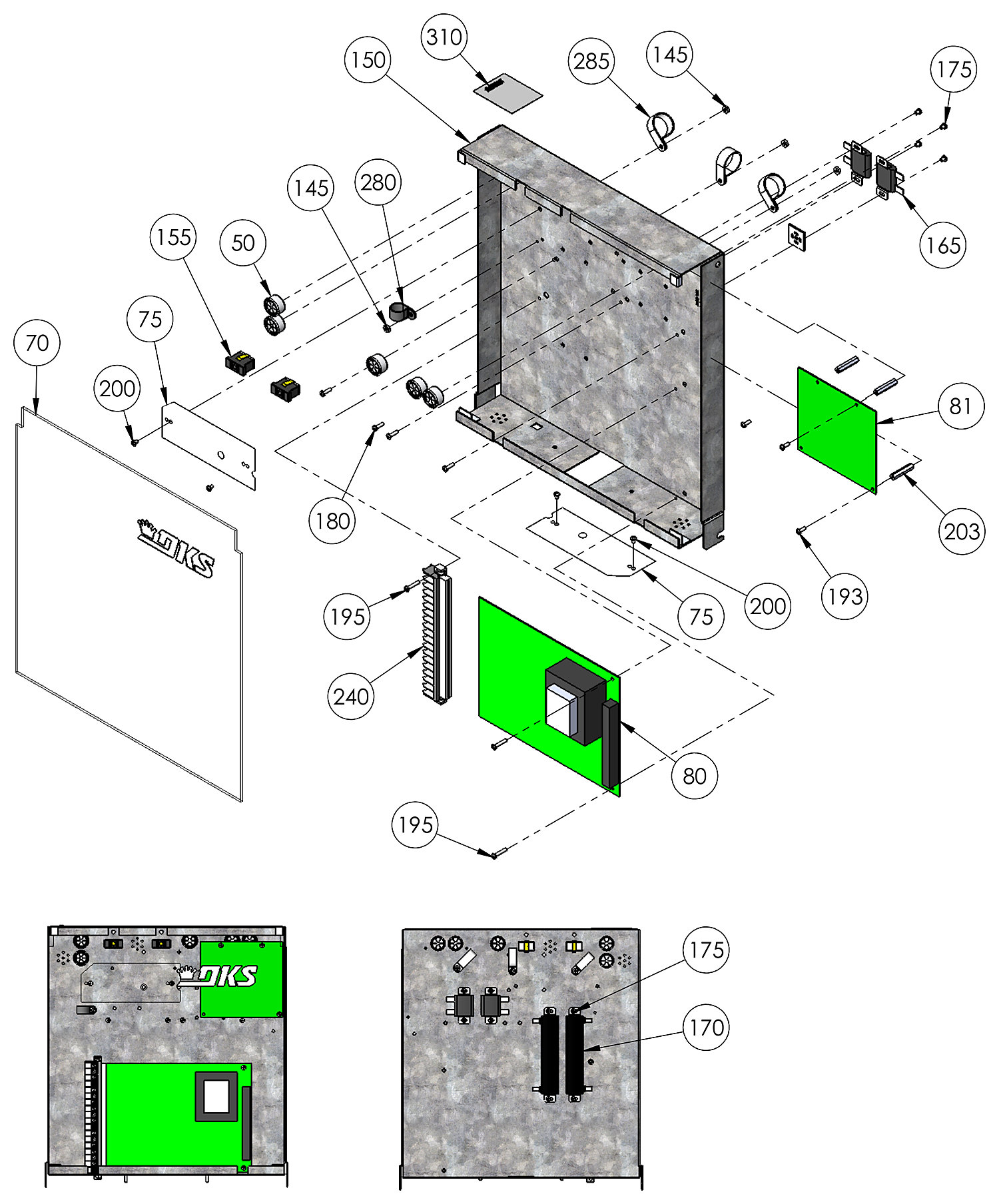 DoorKing 9150 slide gate operator control panel parts diagram &mdash; control board, battery backup PCB, 18 pin terminal and resistors