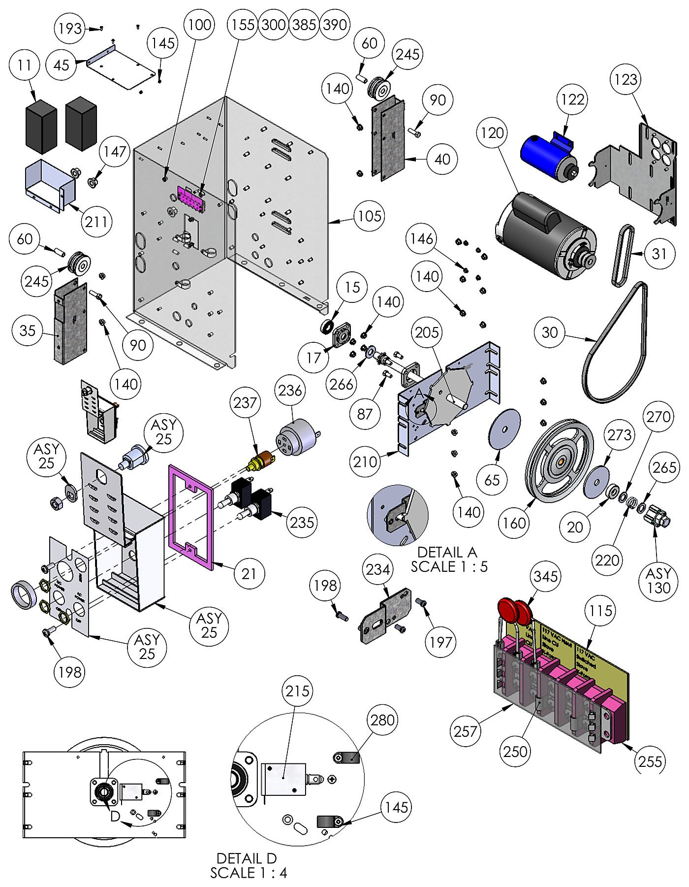 DoorKing 9150 slide gate operator drive parts diagram &mdash; 1 HP motor, 24VDC backup motor, belts, clutch, main shaft and batteries