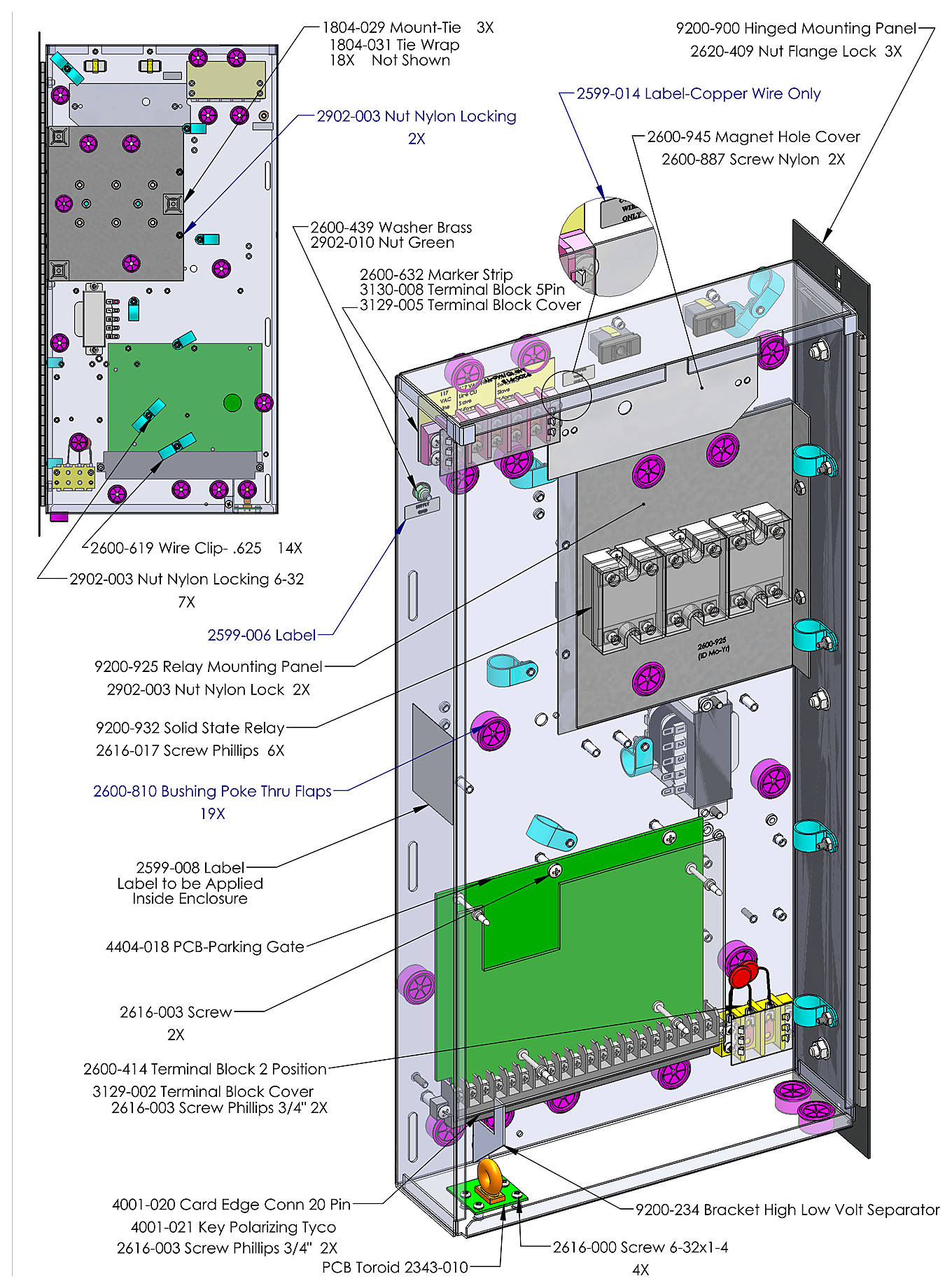 DoorKing 9210 slide gate operator control panel parts diagram &mdash; parking gate board, solid state relays and terminal blocks
