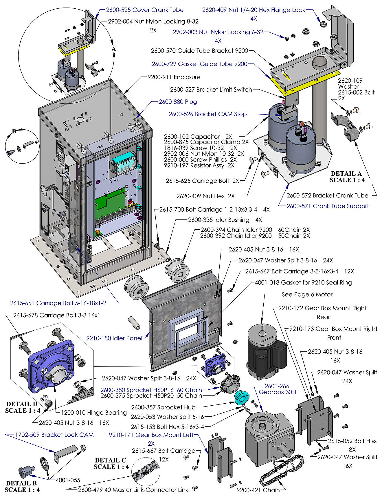 DoorKing 9210 slide gate operator drive parts diagram &mdash; 30:1 gearbox, sprockets, chain idlers, motor mounts and crank tube
