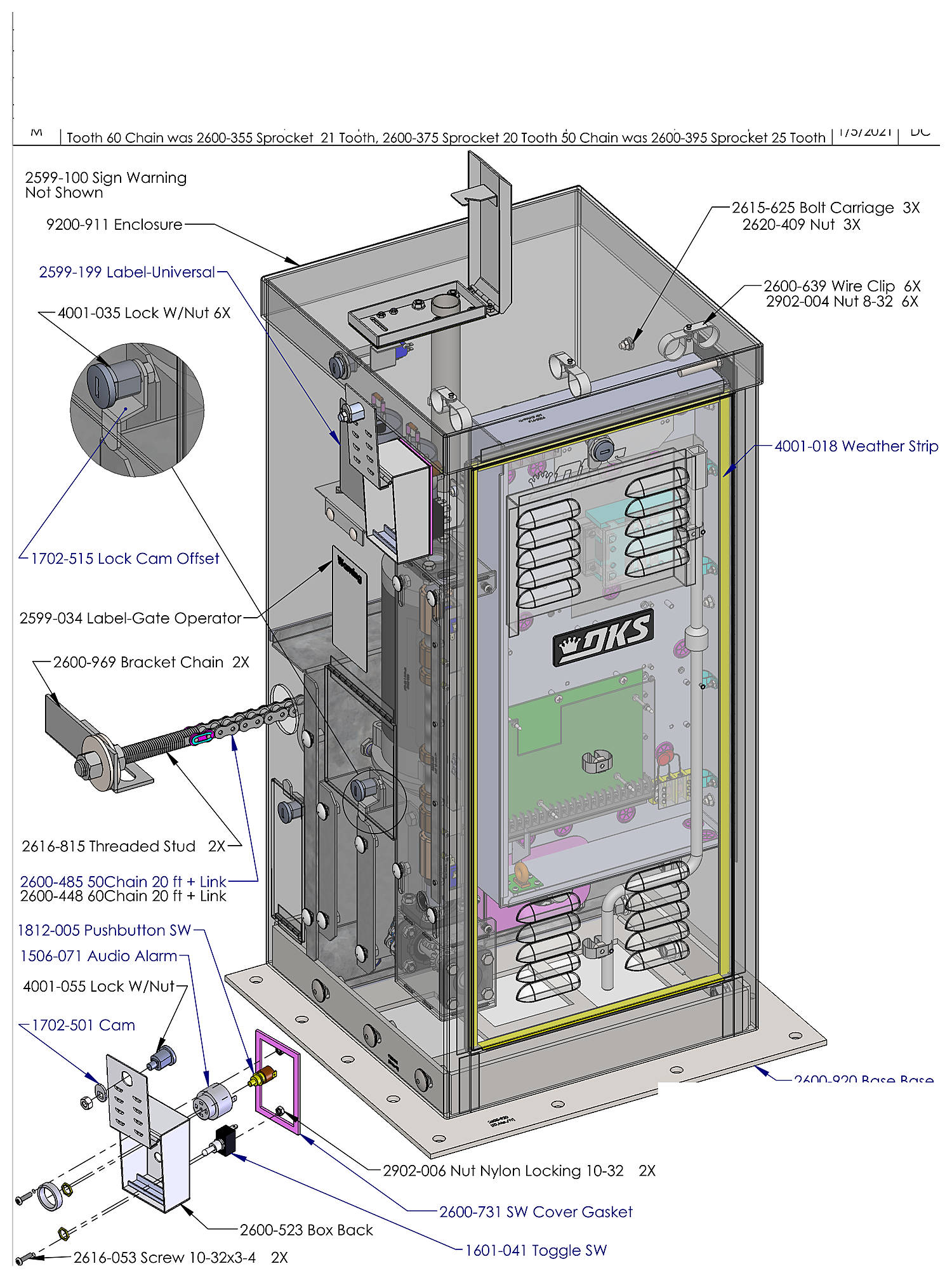 DoorKing 9210 slide gate operator enclosure parts diagram &mdash; cabinet, base, chain, locks and switch box