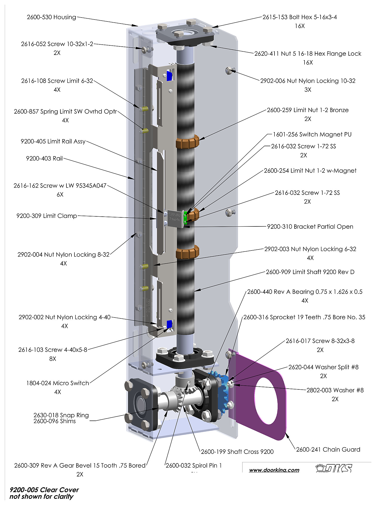 DoorKing 9200-021 limit switch enclosure parts diagram &mdash; limit shaft, bronze limit nuts, micro switches and bevel gears