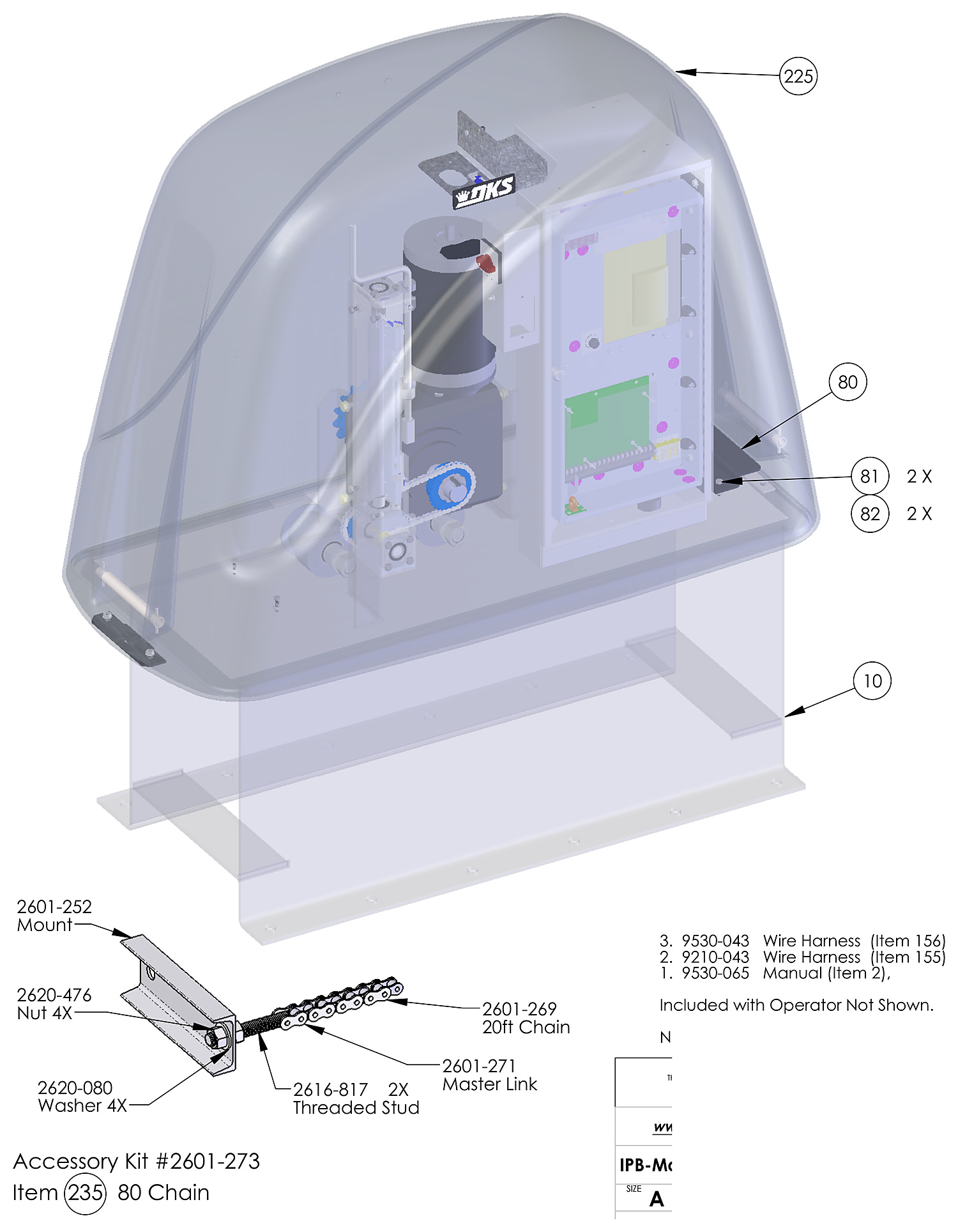 DoorKing 9530 maximum security slide gate operator cover, base and accessory chain kit parts diagram