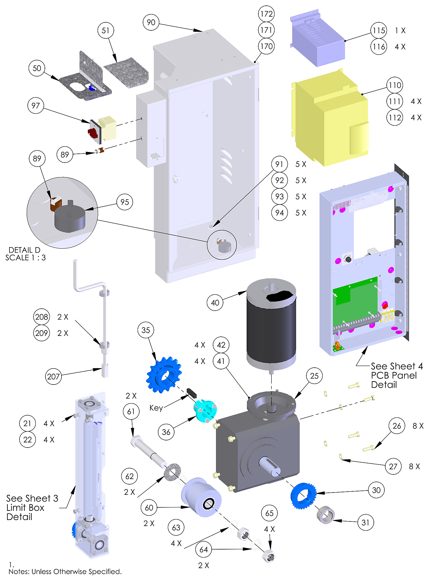DoorKing 9530 slide gate operator drive parts diagram &mdash; 3 HP motor, 40:1 gearbox, sprockets, AC drive and control box
