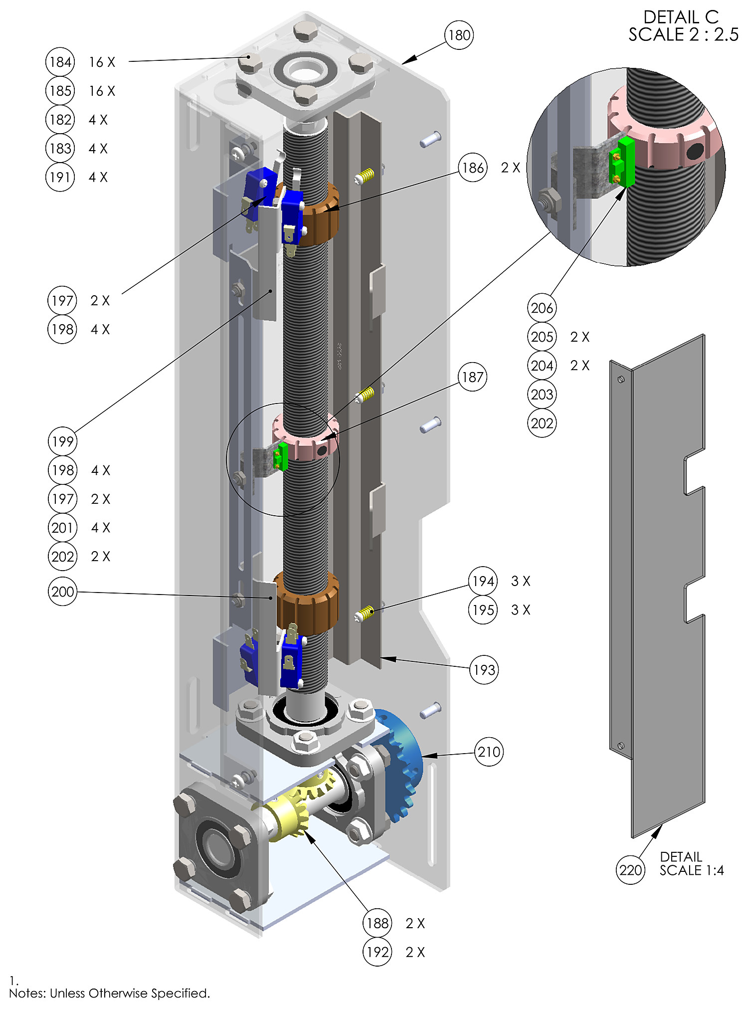 DoorKing 9530 slide gate operator limit switch enclosure parts diagram &mdash; limit shaft, bronze limit nuts, micro switches and slow down brackets