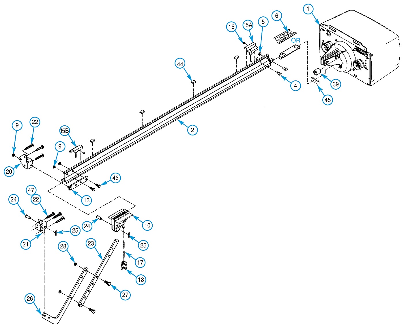 Genie AC screw drive 1-piece rail and screw assembly exploded view parts diagram