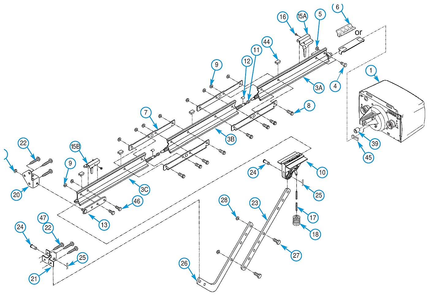 Genie AC screw drive 3-piece rail and screw assembly exploded view parts diagram