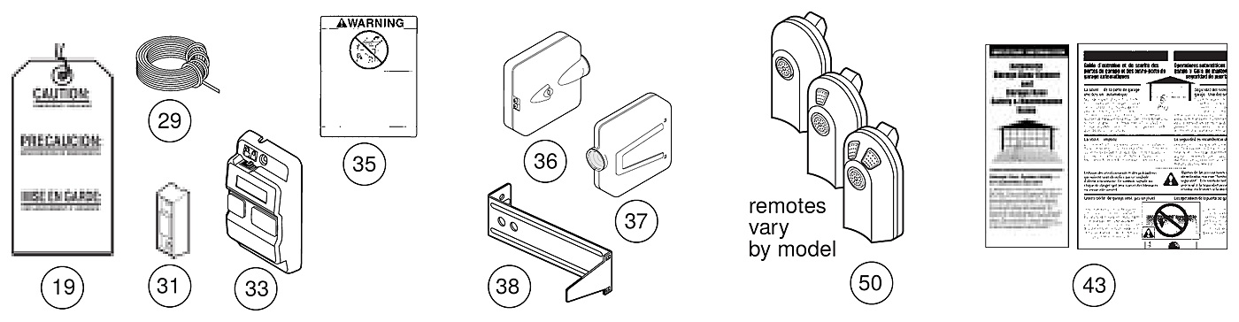 Genie AC screw drive accessories, Safe-T-Beam sensors, wall console and remote identification diagram