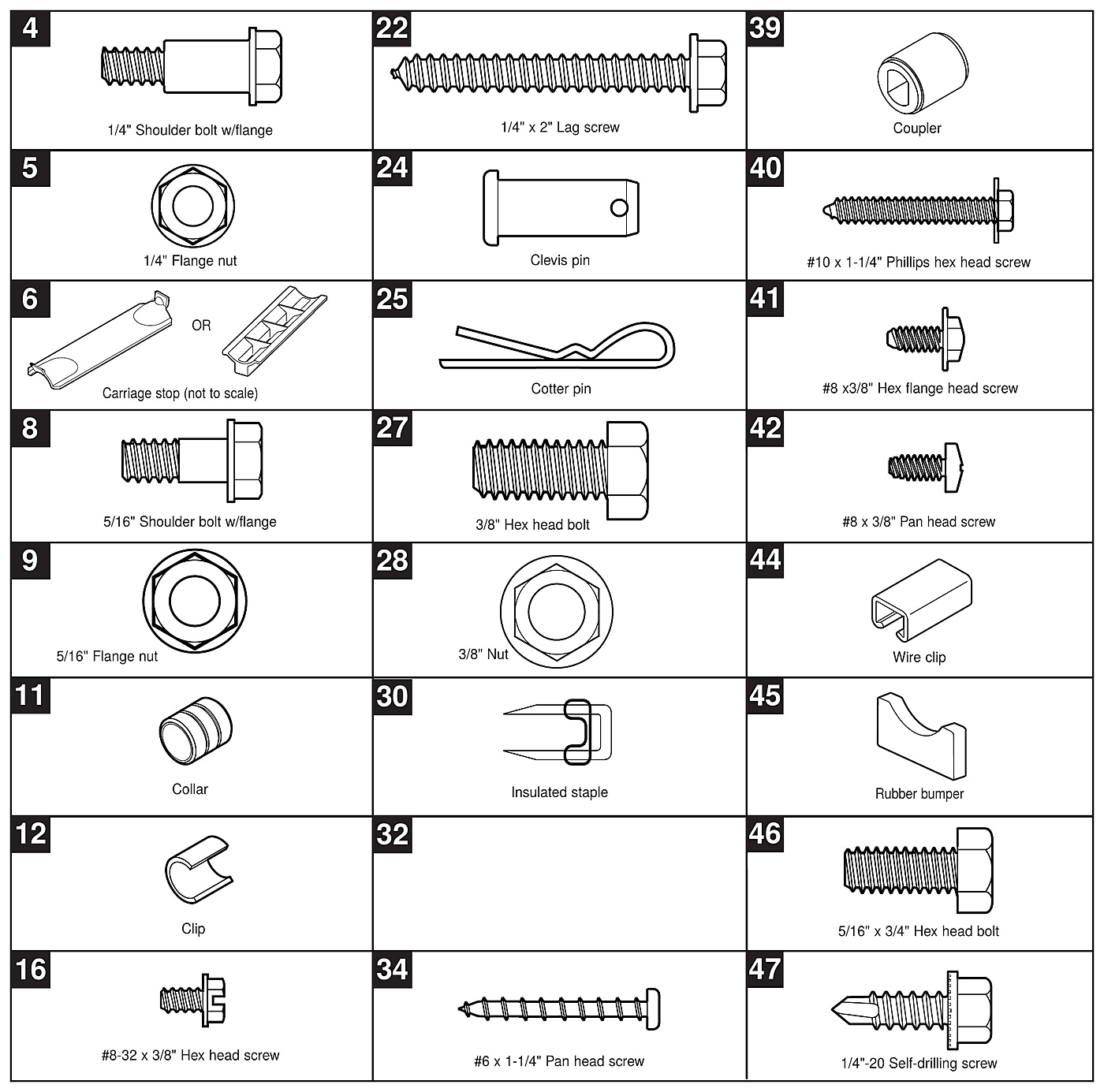 Genie AC screw drive rail and installation fasteners identification diagram, shown full size