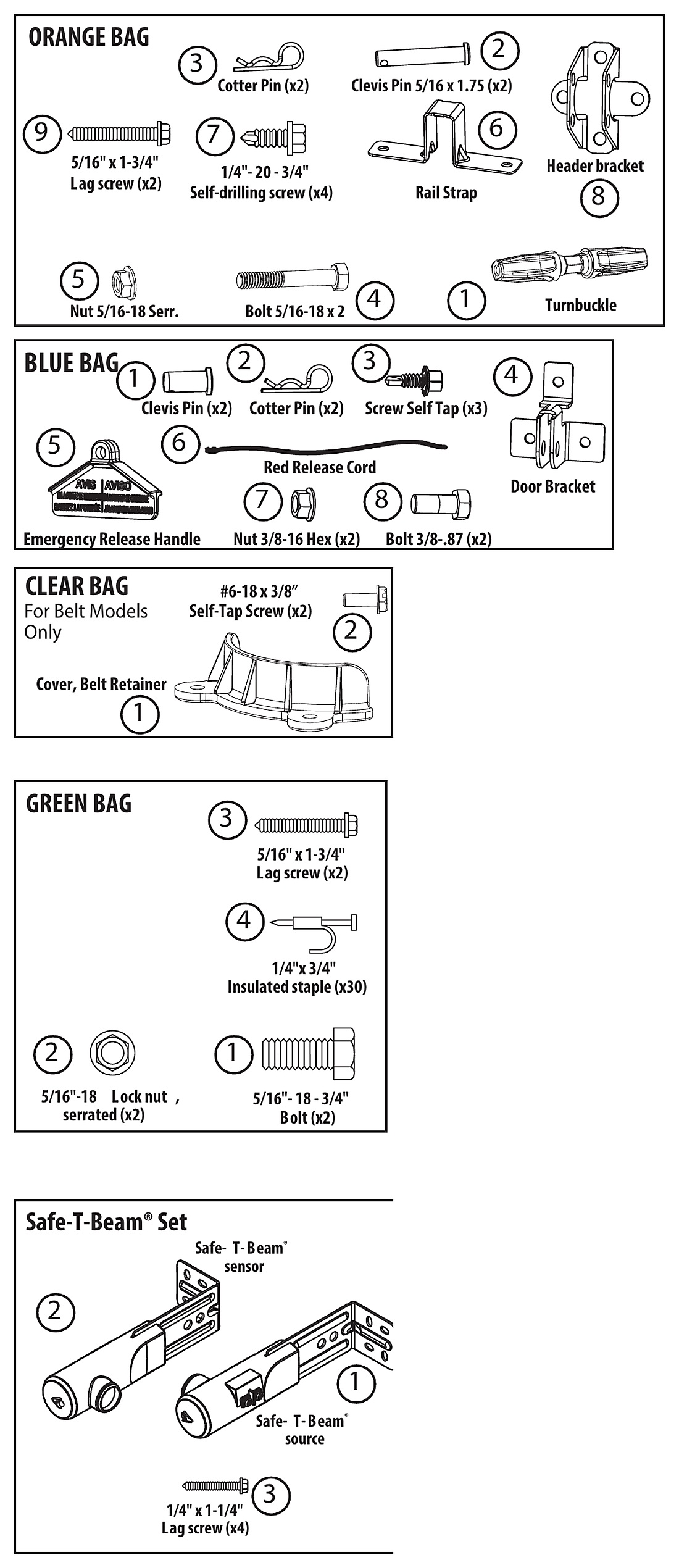 Genie belt and chain drive hardware parts pack bag contents diagram, orange blue clear and green bags
