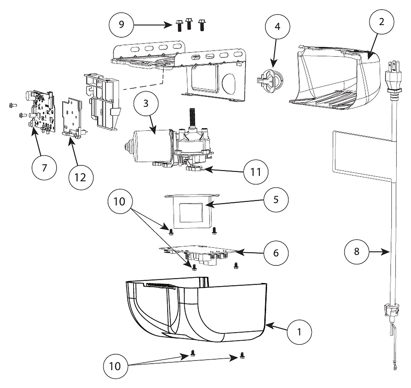 Genie 1035 1055 2036 single bulb power head exploded view replacement parts diagram